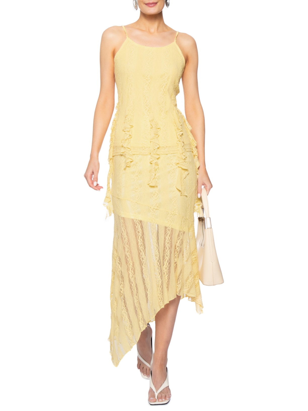 Saia Midi com Detalhes em Renda Amarelo Market 33