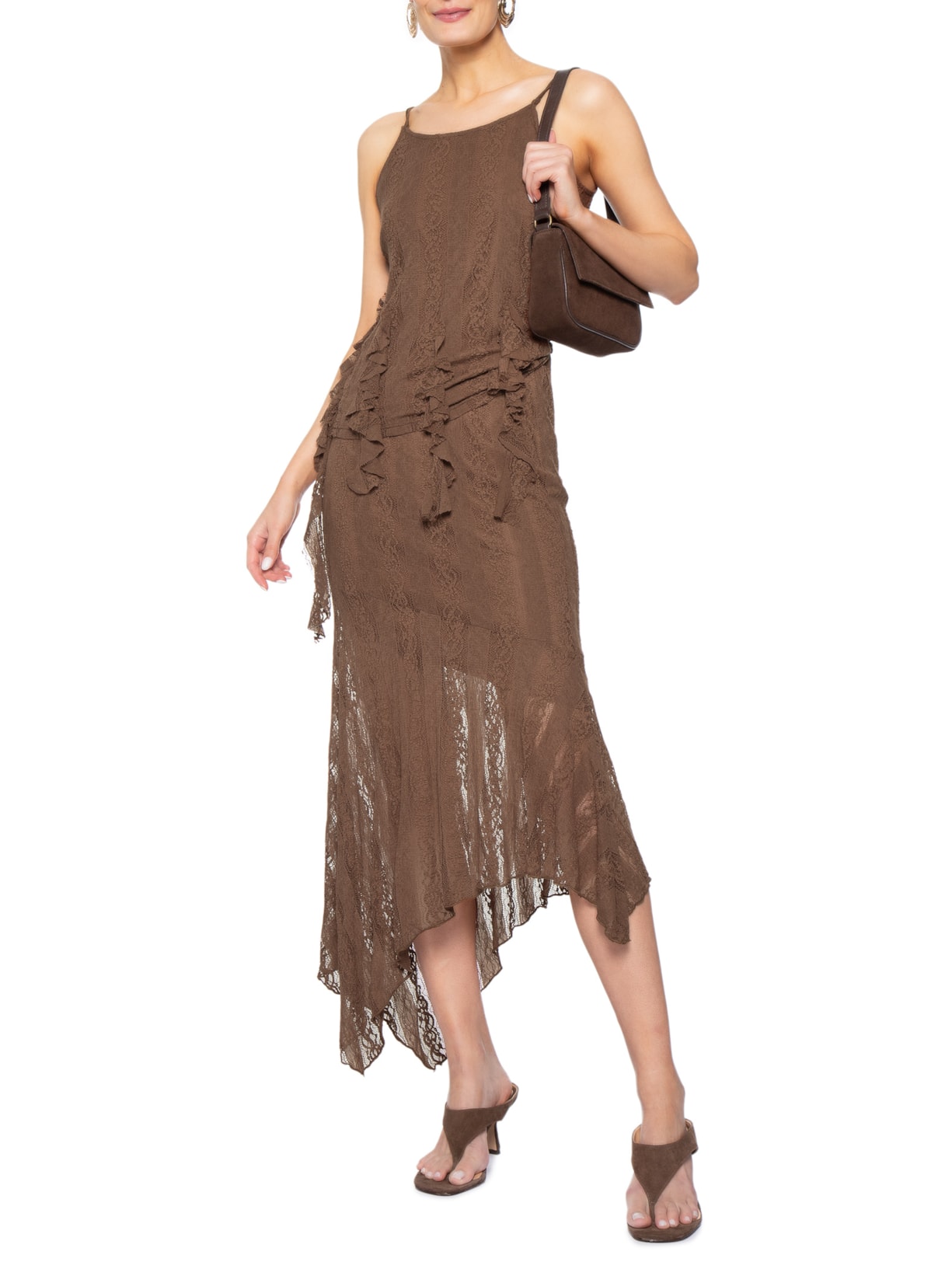 Saia Midi com Detalhes em Renda Marrom Market 33