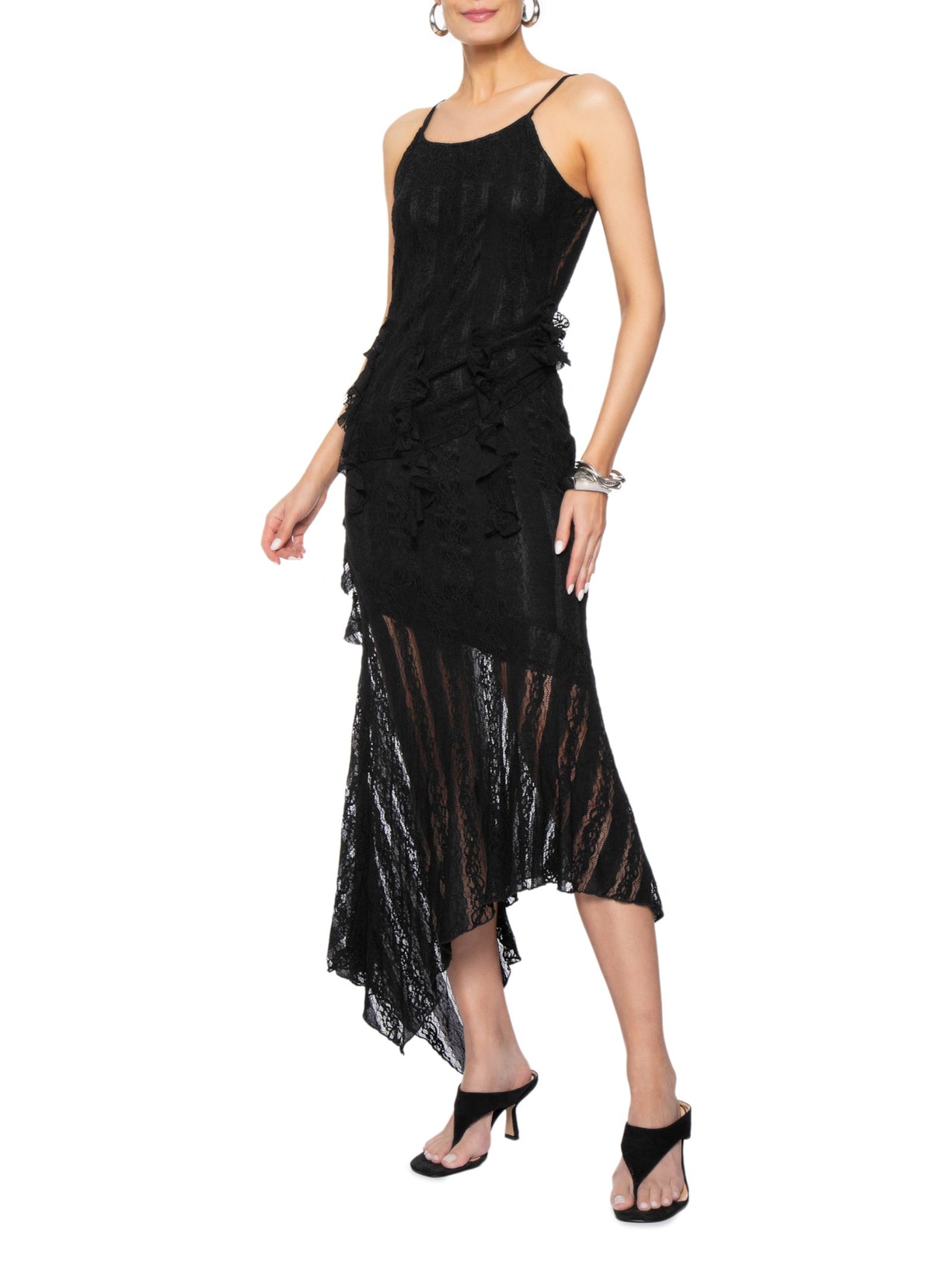 Saia Midi com Detalhes em Renda Preto Market 33