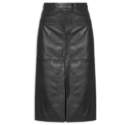 Saia Midi Com Fenda Em Couro - Preto