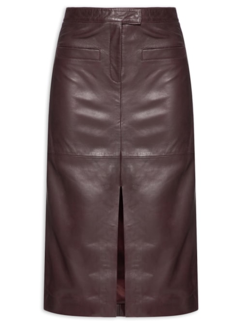 Saia Midi Com Fenda Em Couro - Vermelho