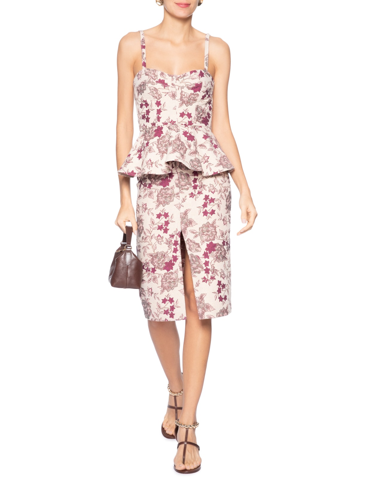 Saia Midi Com Fenda Em Jacquard Rosa '2Essential