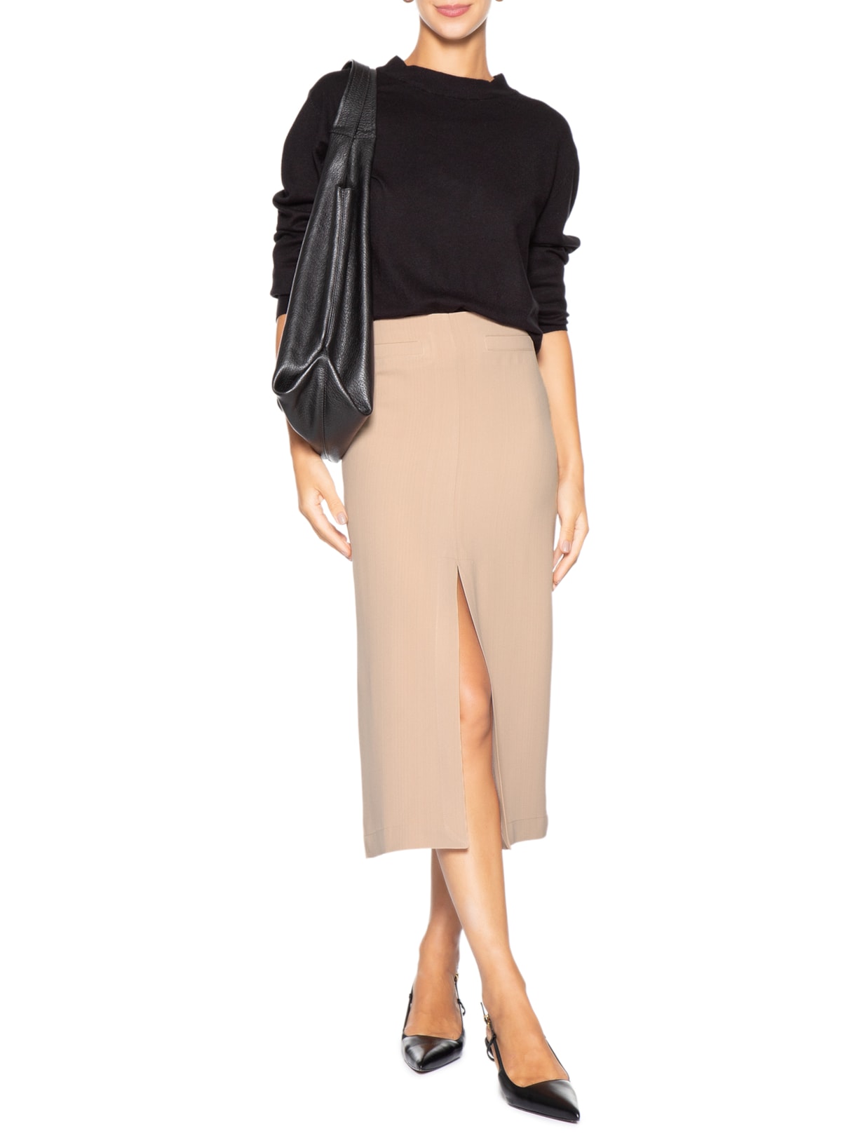Saia Midi Com Fenda Frontal Em Crepe - Bege by '2ESSENTIAL