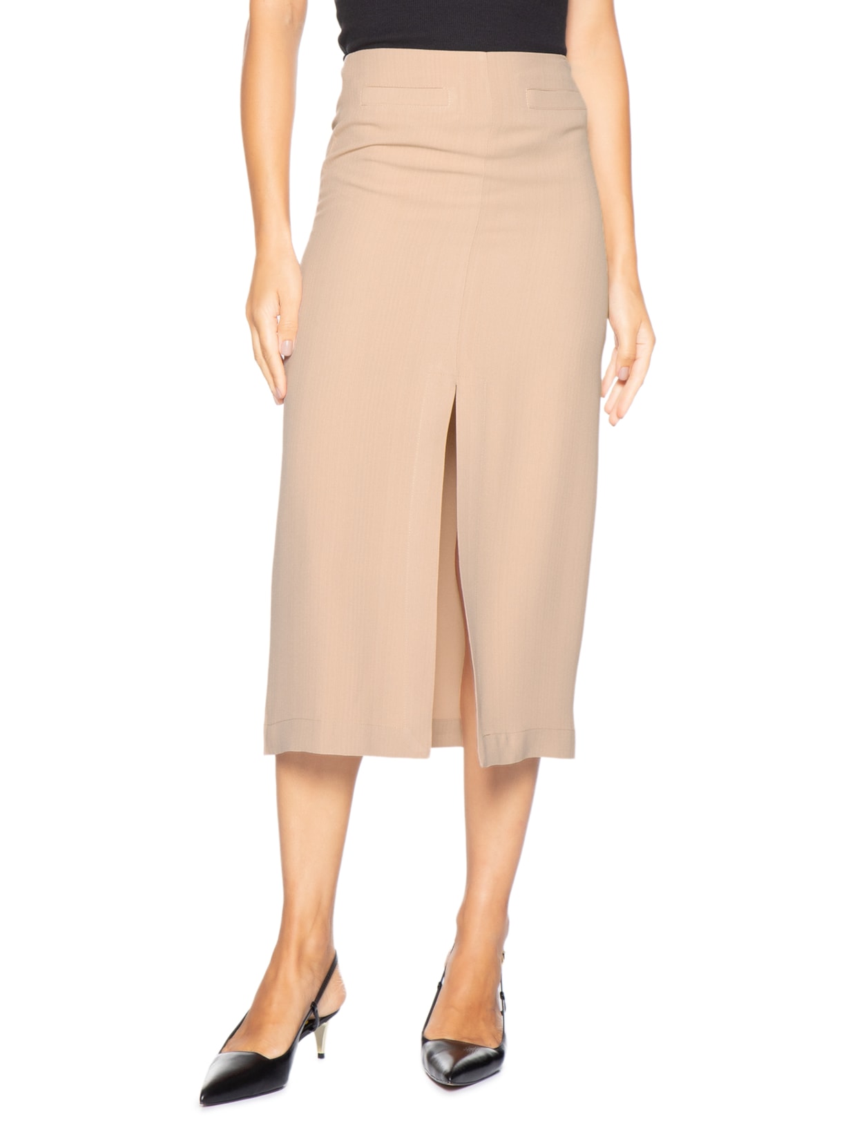 Saia Midi Com Fenda Frontal Em Crepe - Bege by '2ESSENTIAL