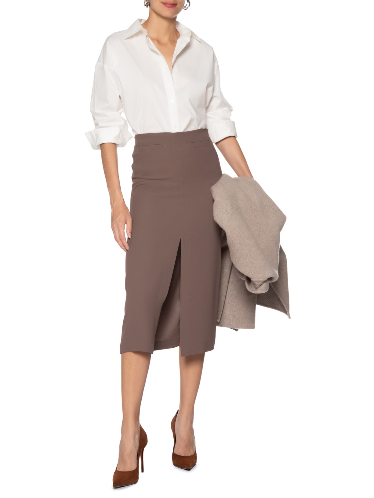 Saia Midi Com Fenda Frontal Em Crepe Marrom '2Essential