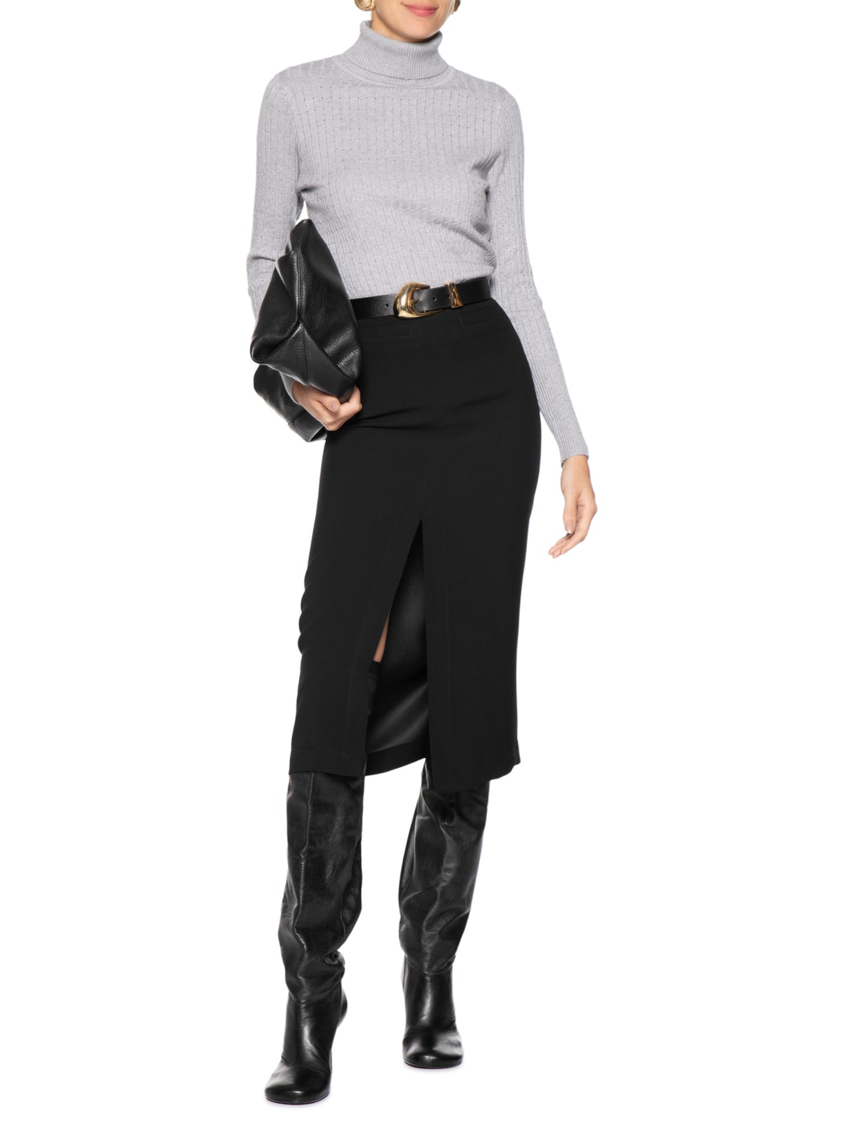 Saia Midi Com Fenda Frontal Em Crepe Preto '2Essential