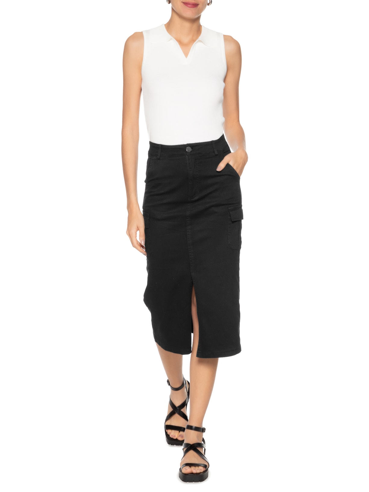 Saia Midi Com Fenda Preto Basiq