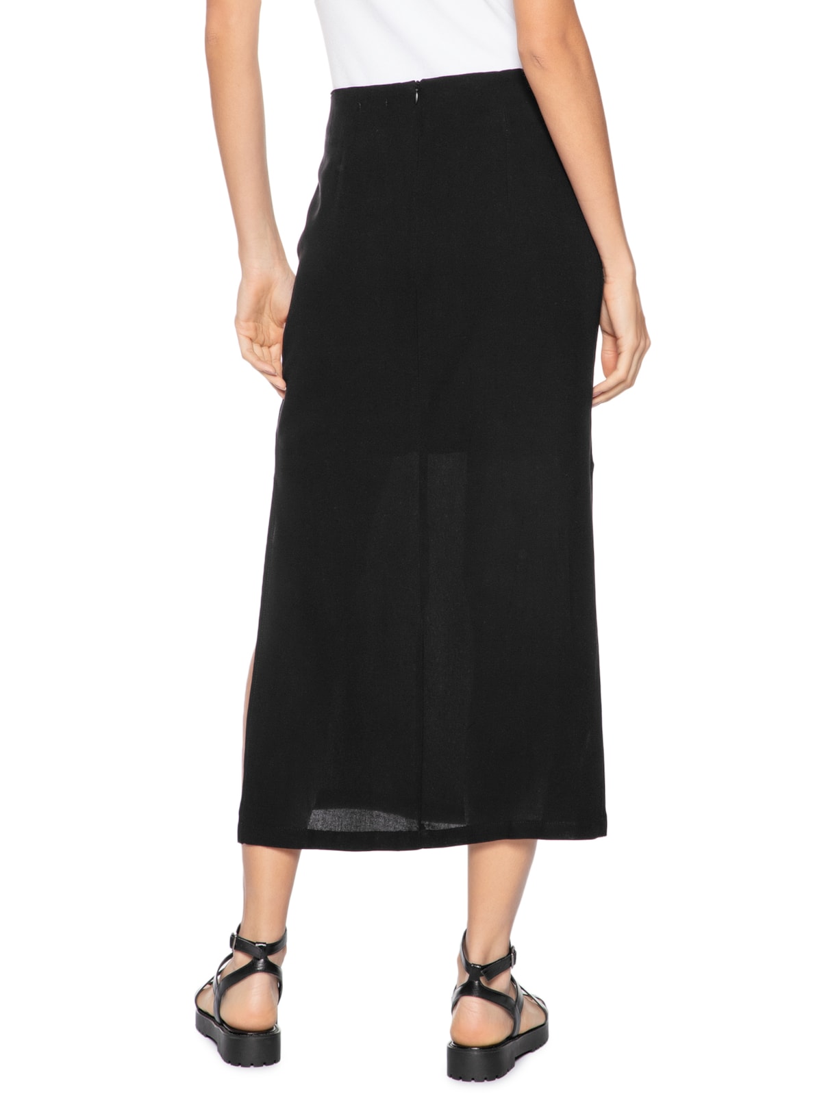 Saia Midi Com Fenda Preto  Basiq