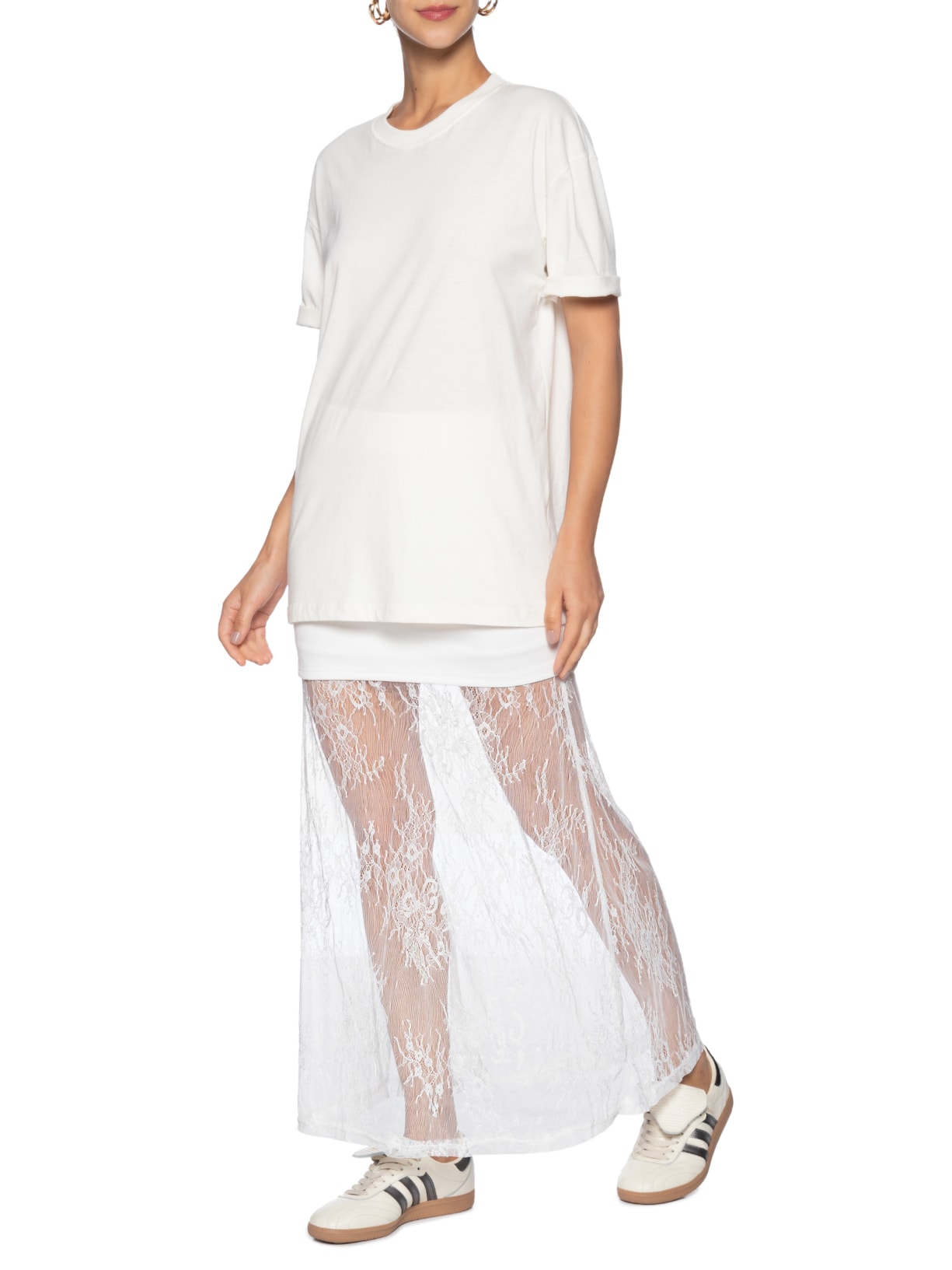 Saia Midi Com Renda Em Sobreposição Off White Market 33