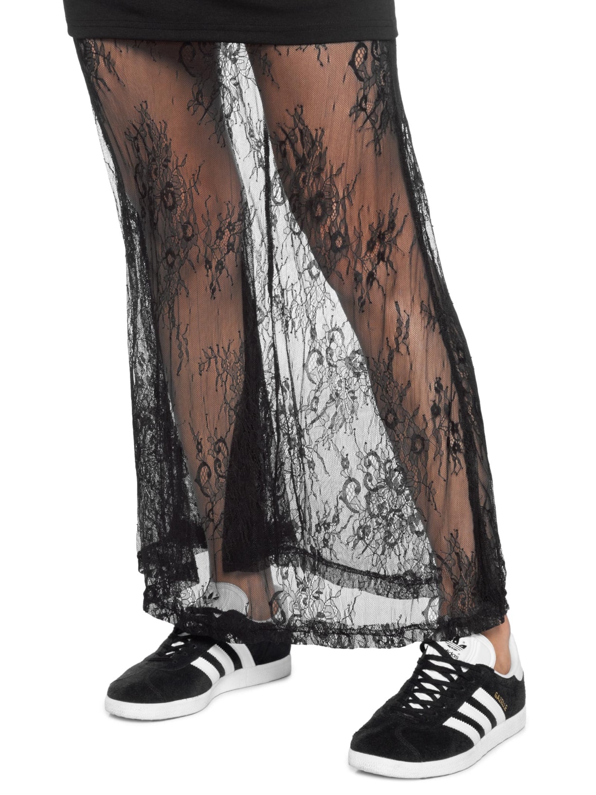 Saia Midi Com Renda Em Sobreposição Preto Market 33