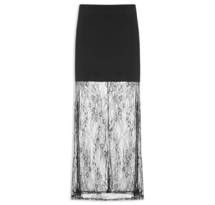 Saia Midi Com Renda Em Sobreposição - Preto