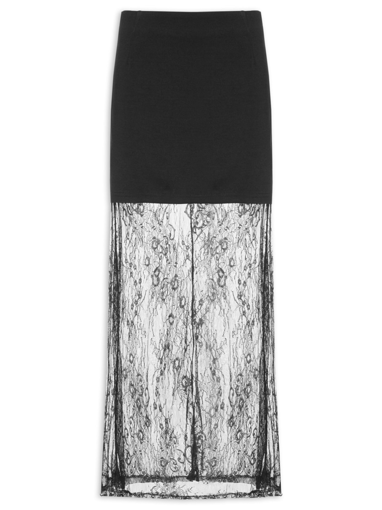 Saia Midi Com Renda Em Sobreposição - Preto