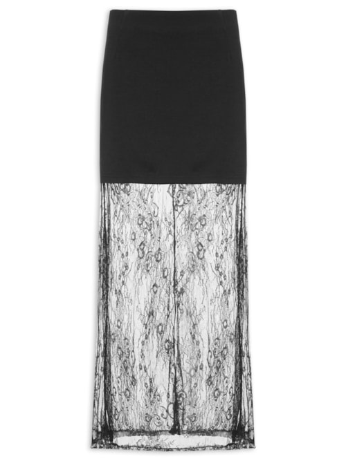 Saia Midi Com Renda Em Sobreposição - Preto