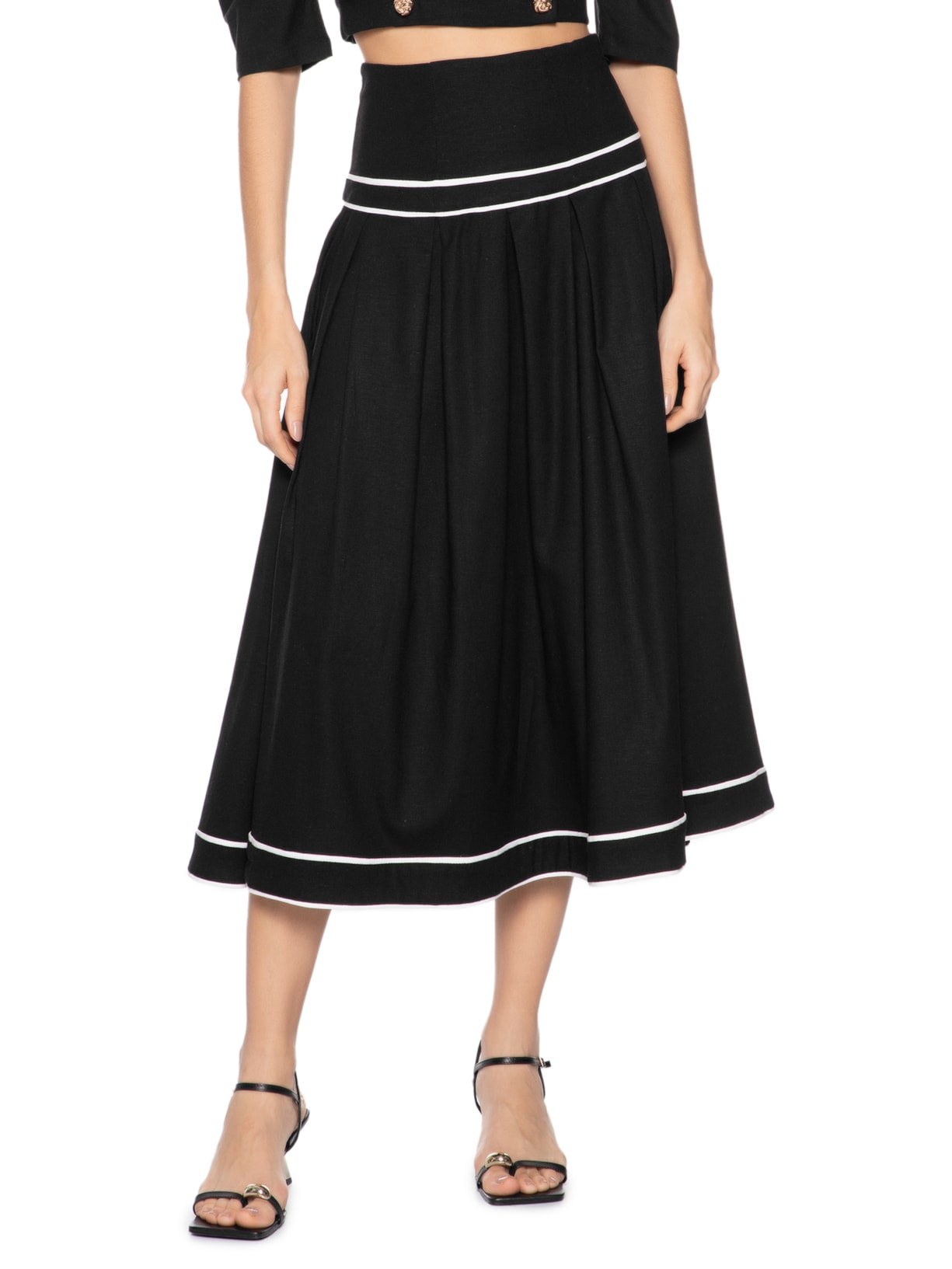 Saia Midi Com Volume Em Linho Misto Preto '2Essential