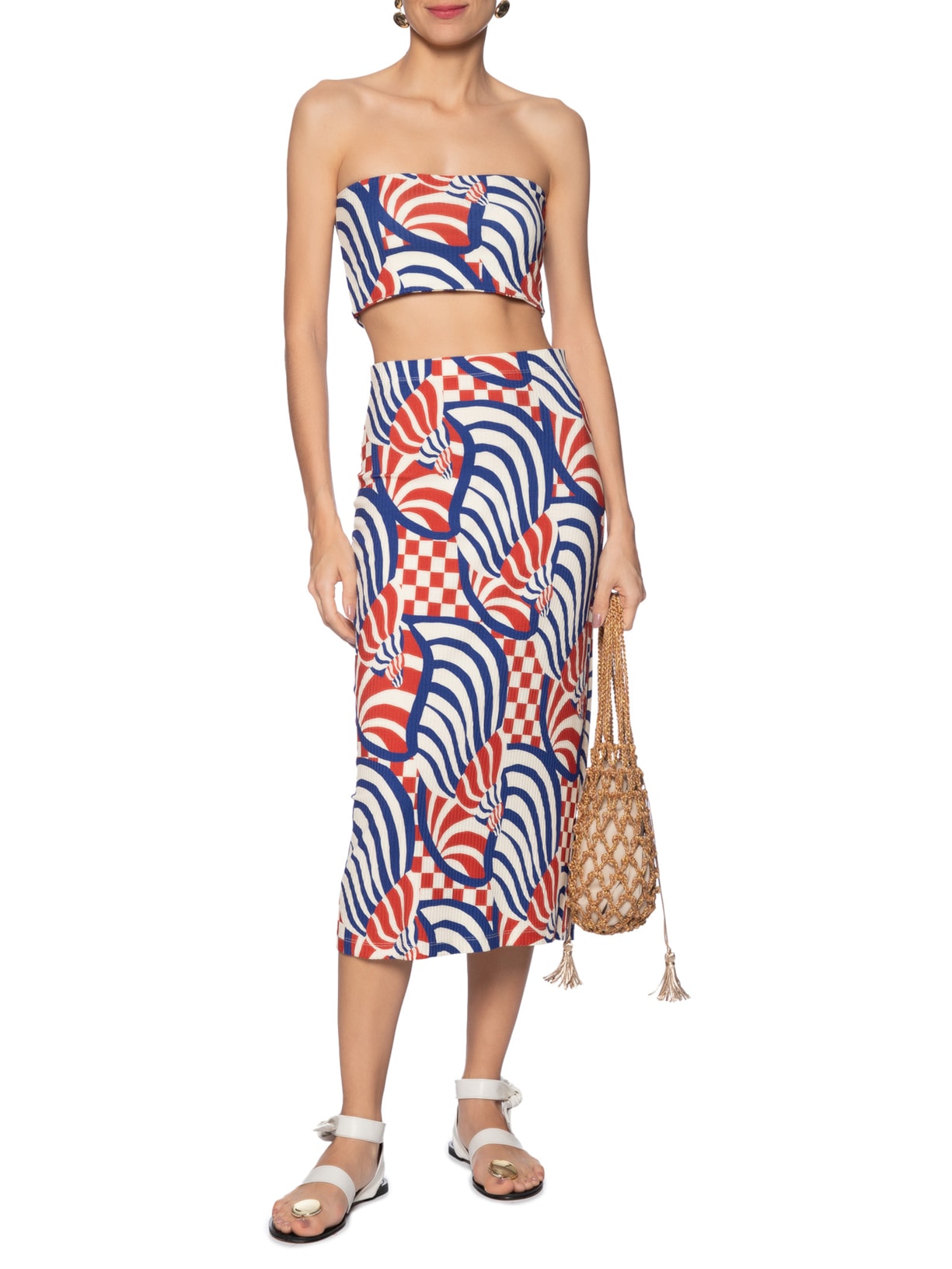 Saia Midi Concha Gráfica Vermelho Farm