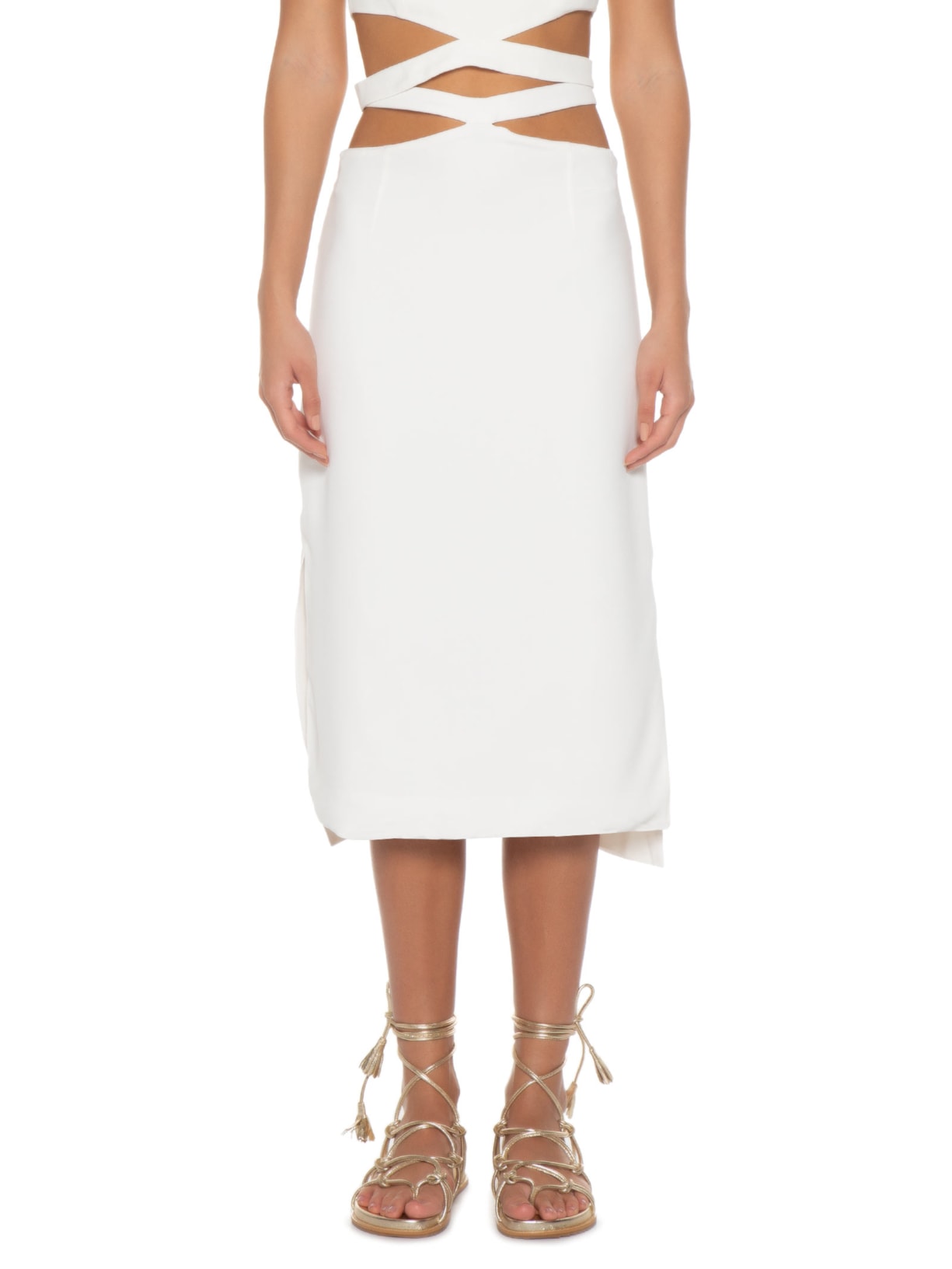 Saia Midi Crepe Recorte Cintura Branco '2Essential