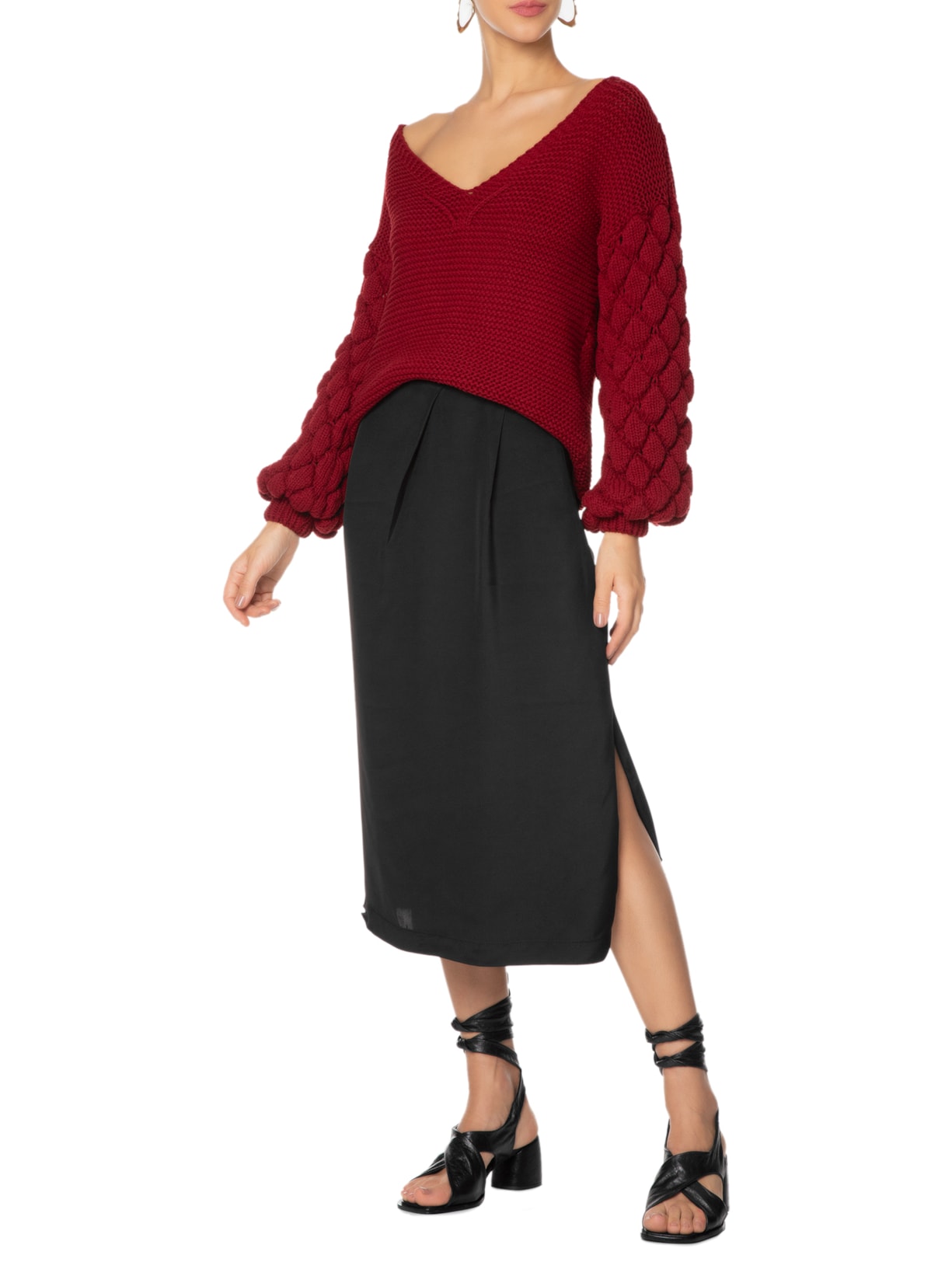 Saia Midi Em Crepe Fenda Lateral Preto '2Essential
