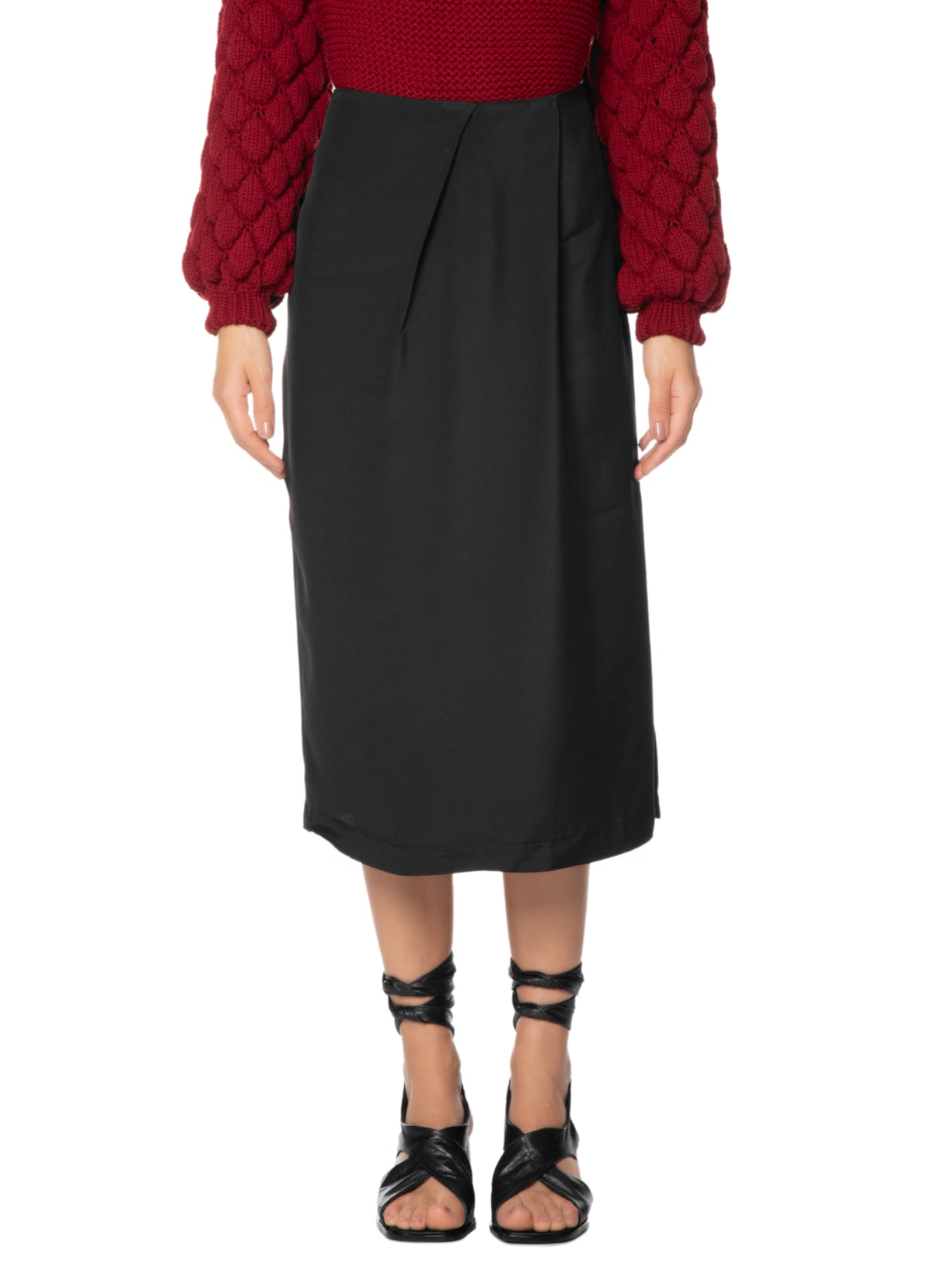 Saia Midi Em Crepe Fenda Lateral Preto '2Essential
