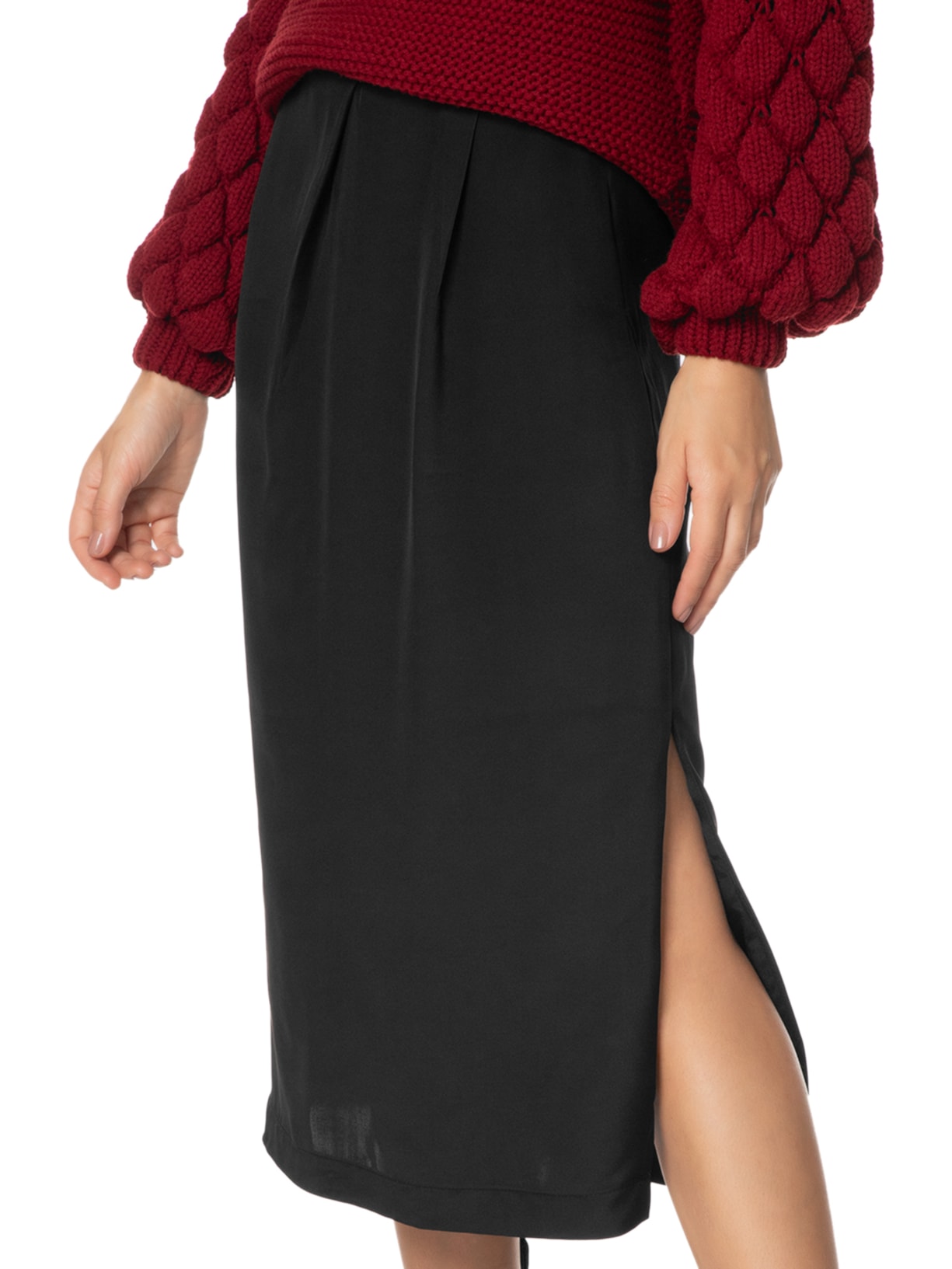 Saia Midi Em Crepe Fenda Lateral Preto '2Essential