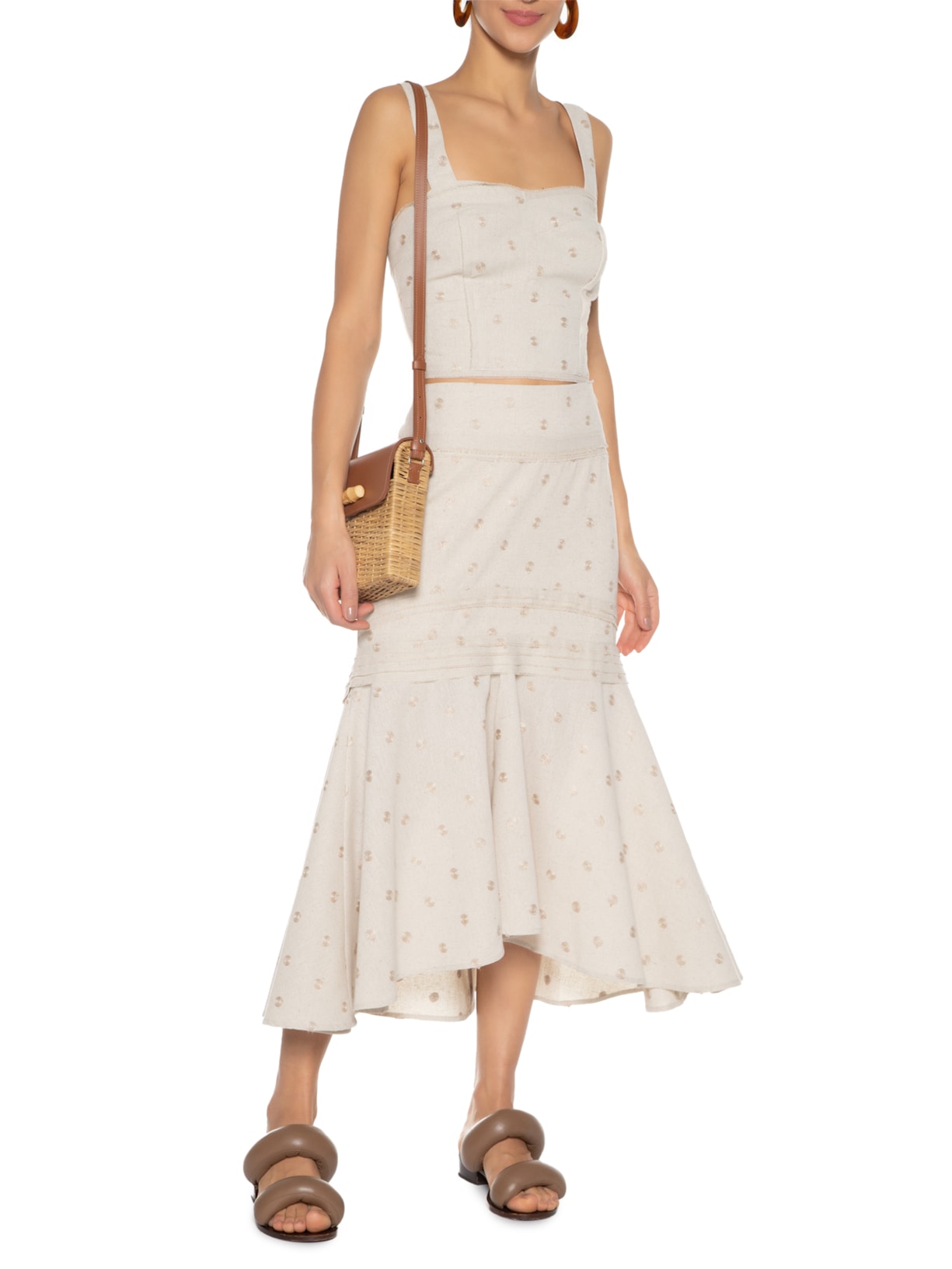 Saia Midi Em Linho Misto Bordado Bege '2Essential