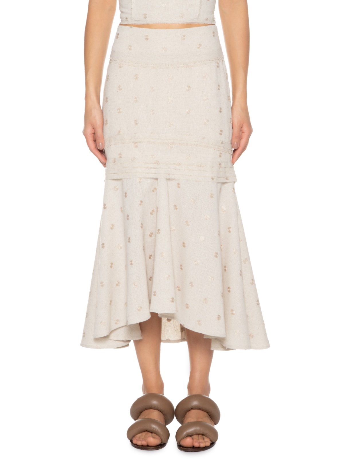 Saia Midi Em Linho Misto Bordado Bege '2Essential