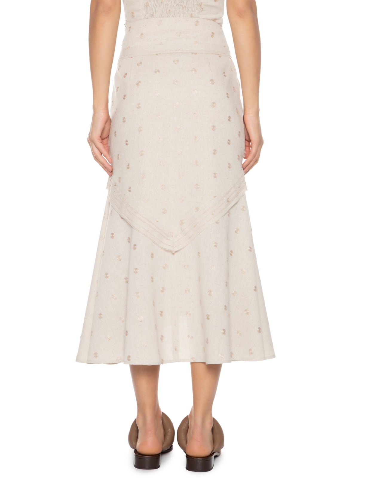 Saia Midi Em Linho Misto Bordado Bege '2Essential