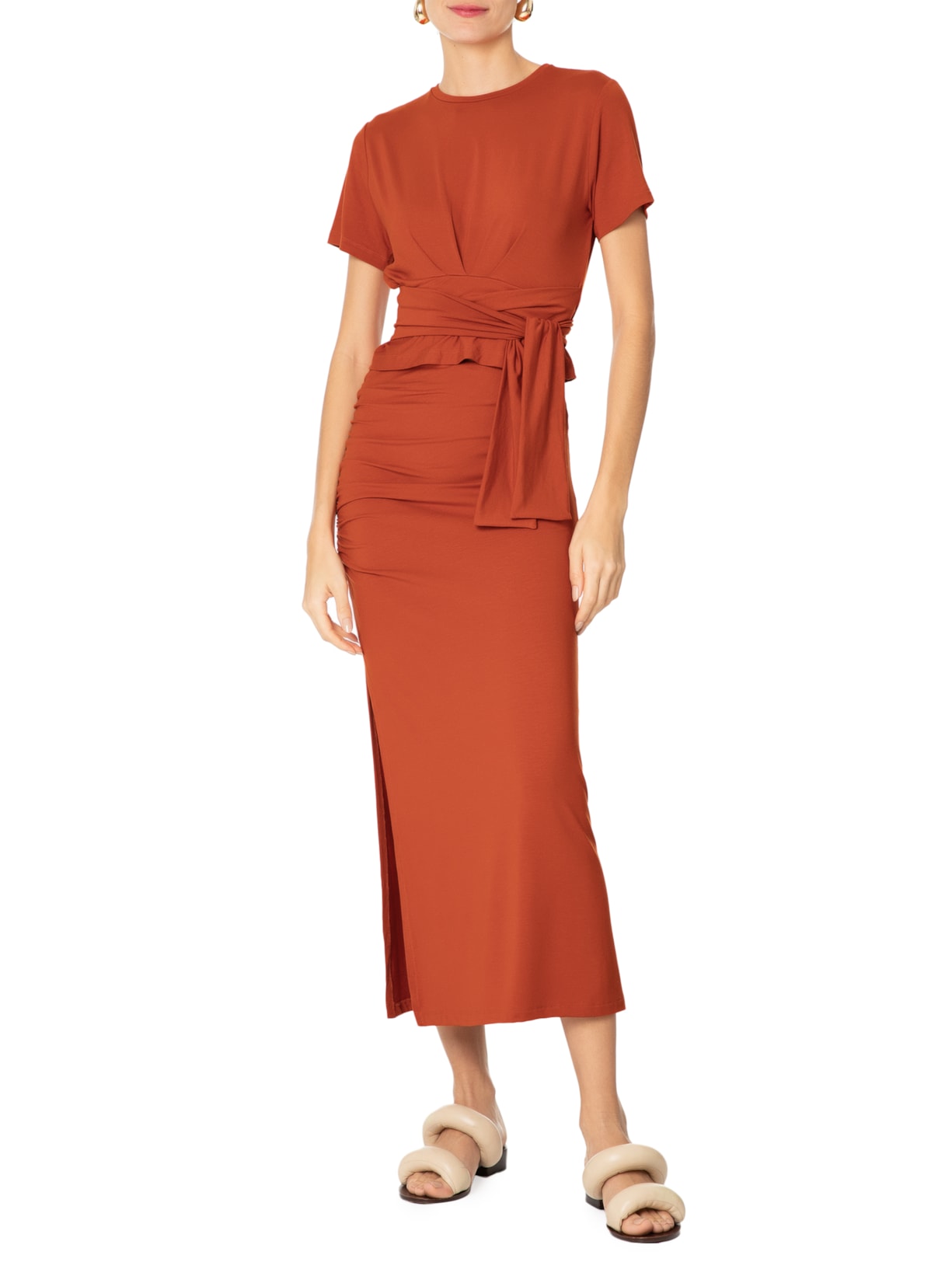 Saia Midi Em Malha Com Franzido Lateral Laranja   '2Essential