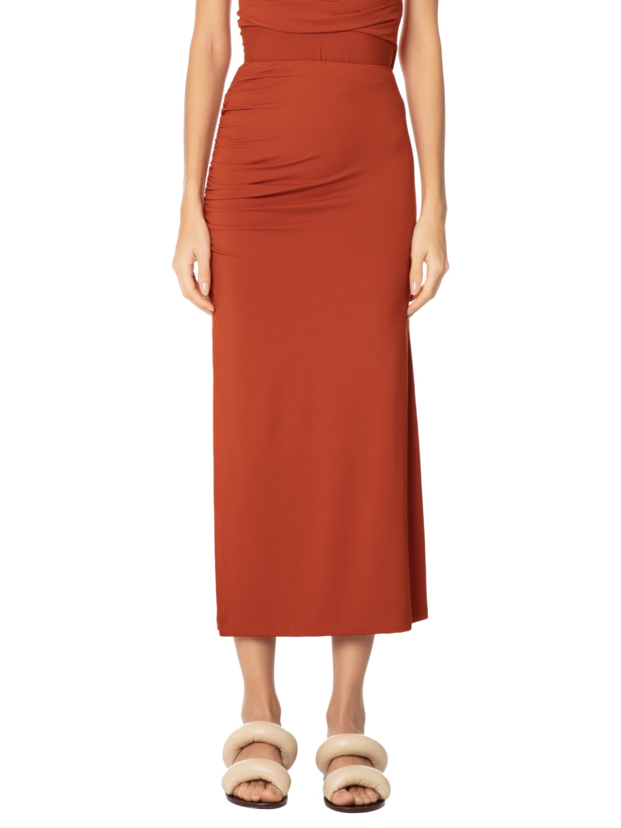Saia Midi Em Malha Com Franzido Lateral Laranja   '2Essential