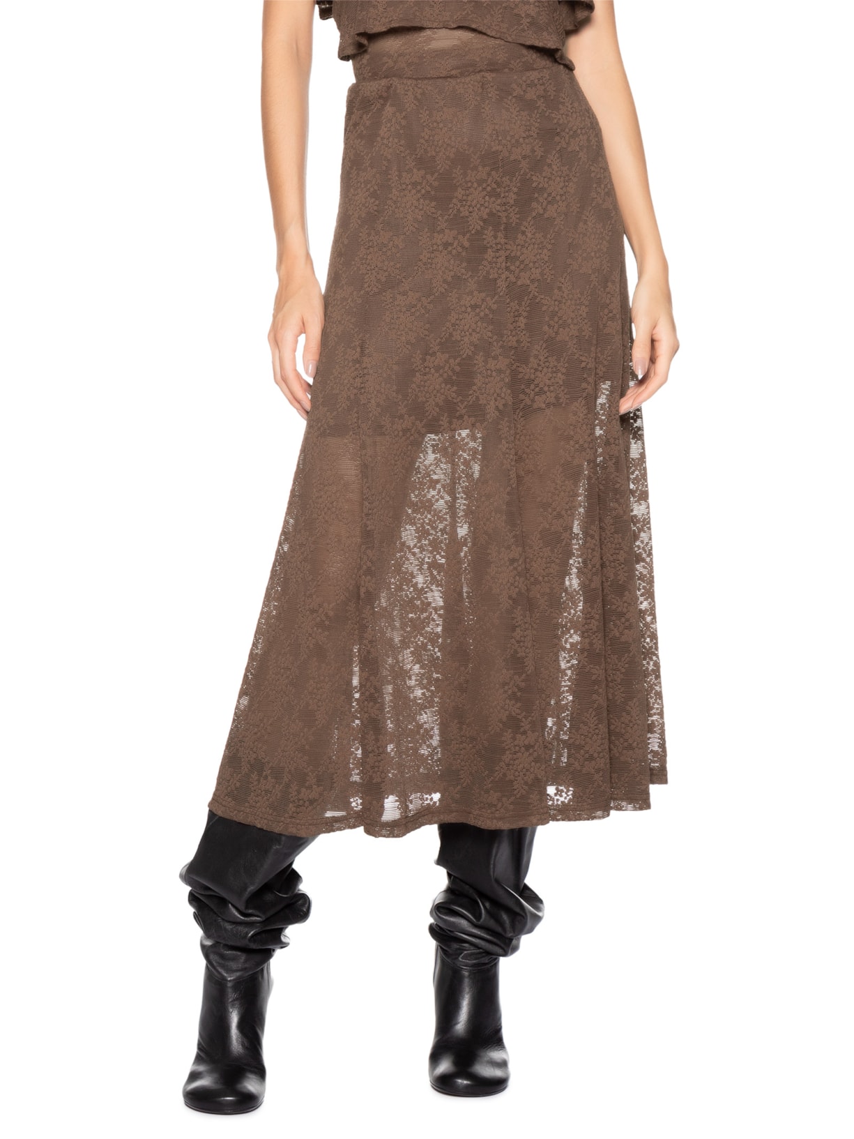 Saia Midi Em Renda Marrom Market 33