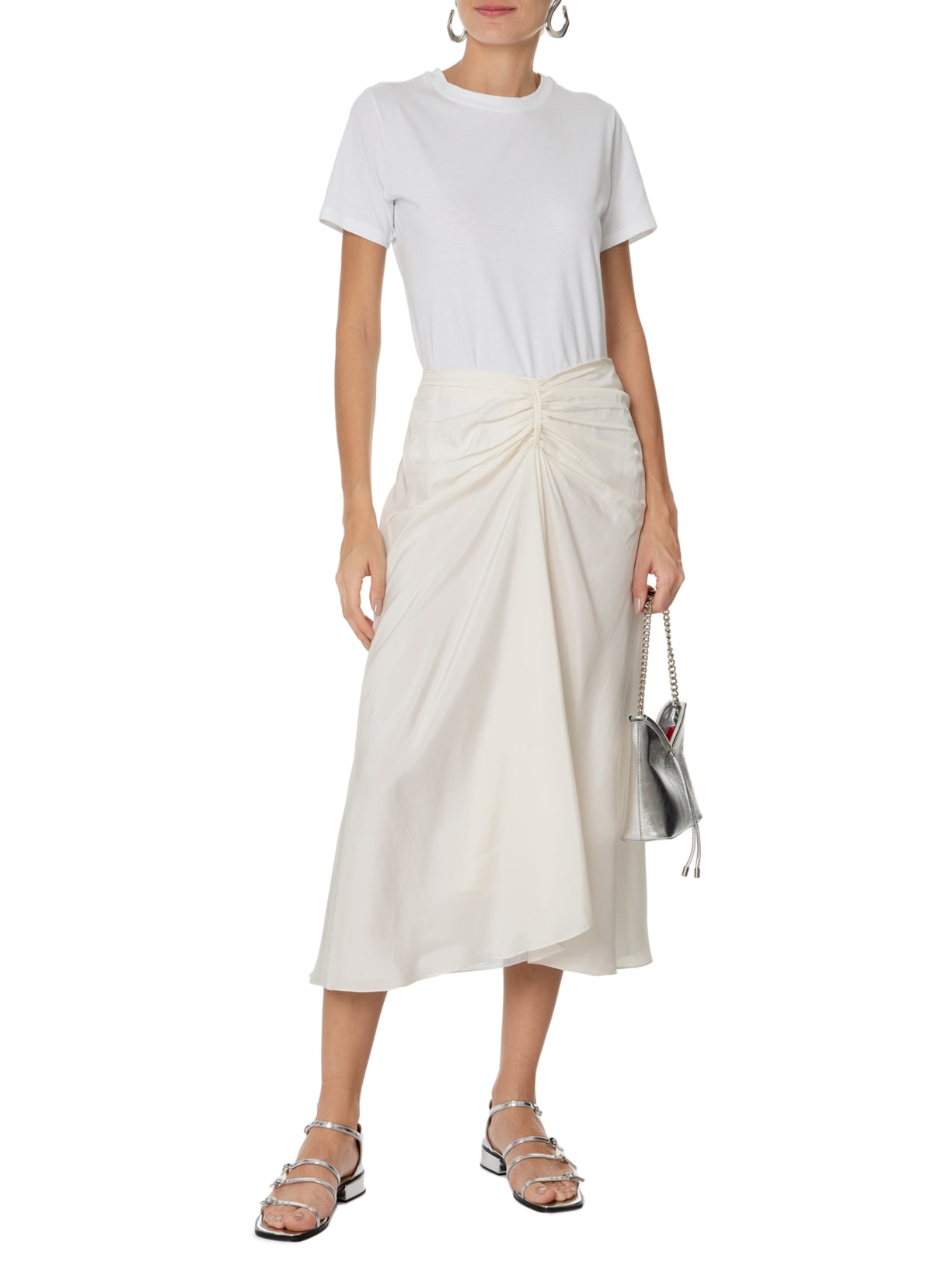 Saia Midi Em Seda Pura Com Faixa Off White '2Essential