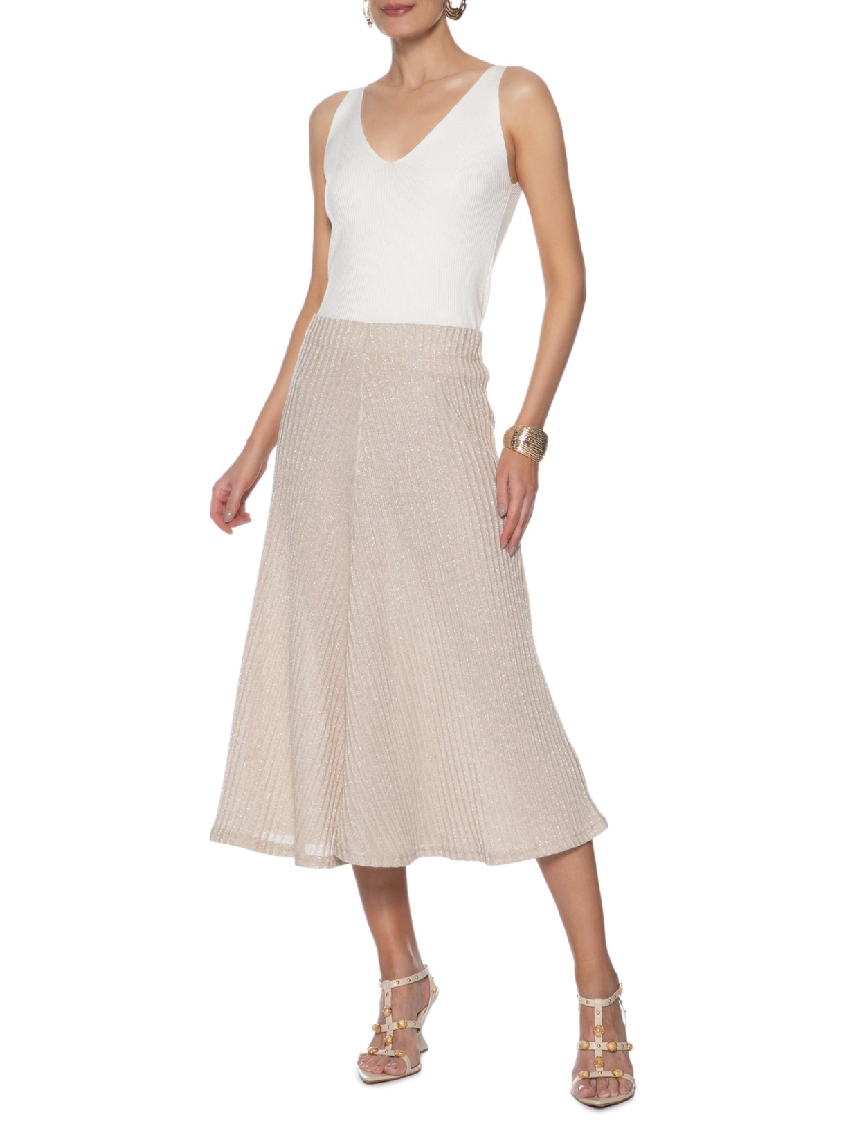 Saia Midi em Tricot Canelado Bege Market 33