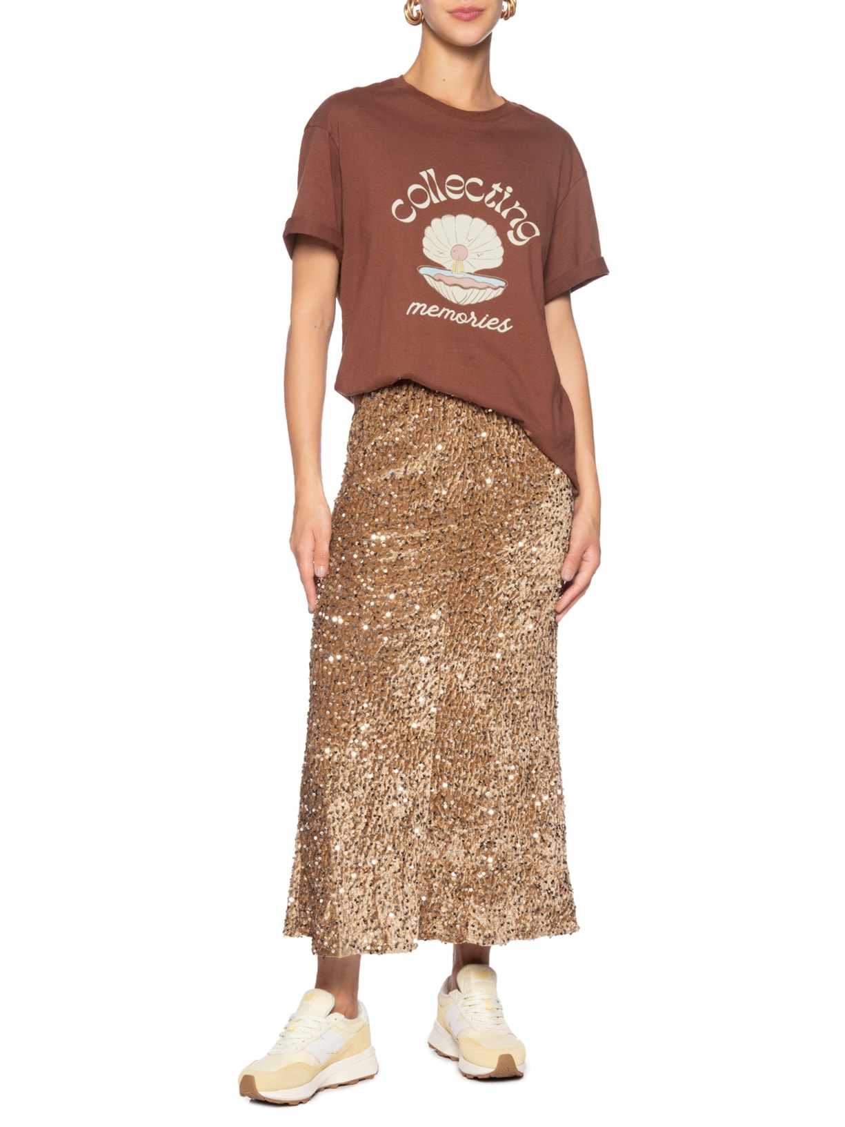 Saia Midi Em Veludo Com Paetê Dourado Market 33