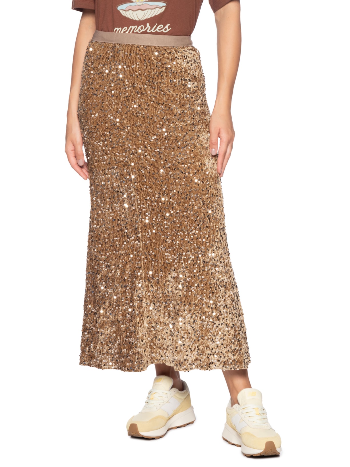 Saia Midi Em Veludo Com Paetê Dourado Market 33