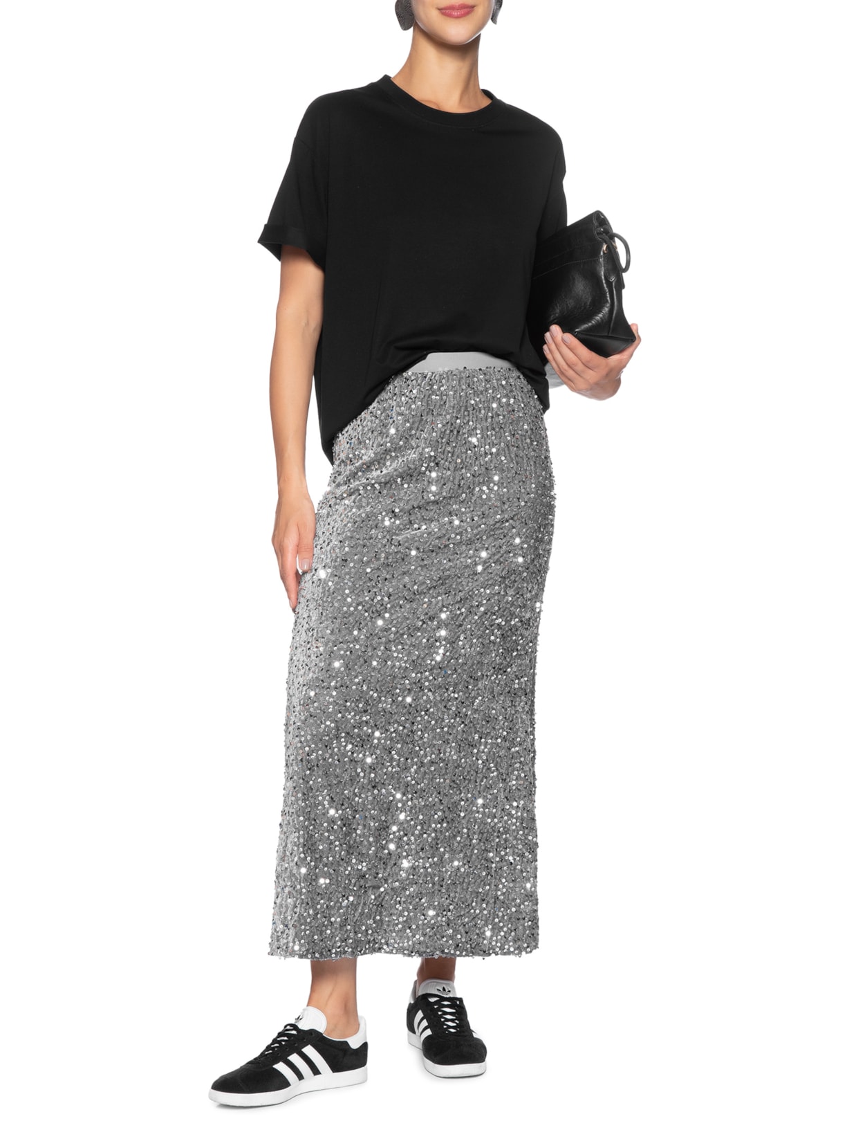 Saia Midi Em Veludo Com Paetê Prateado Market 33