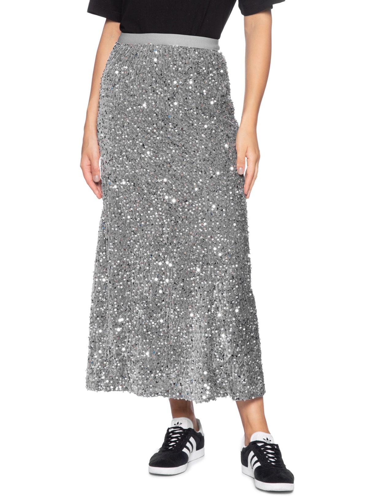 Saia Midi Em Veludo Com Paetê Prateado Market 33