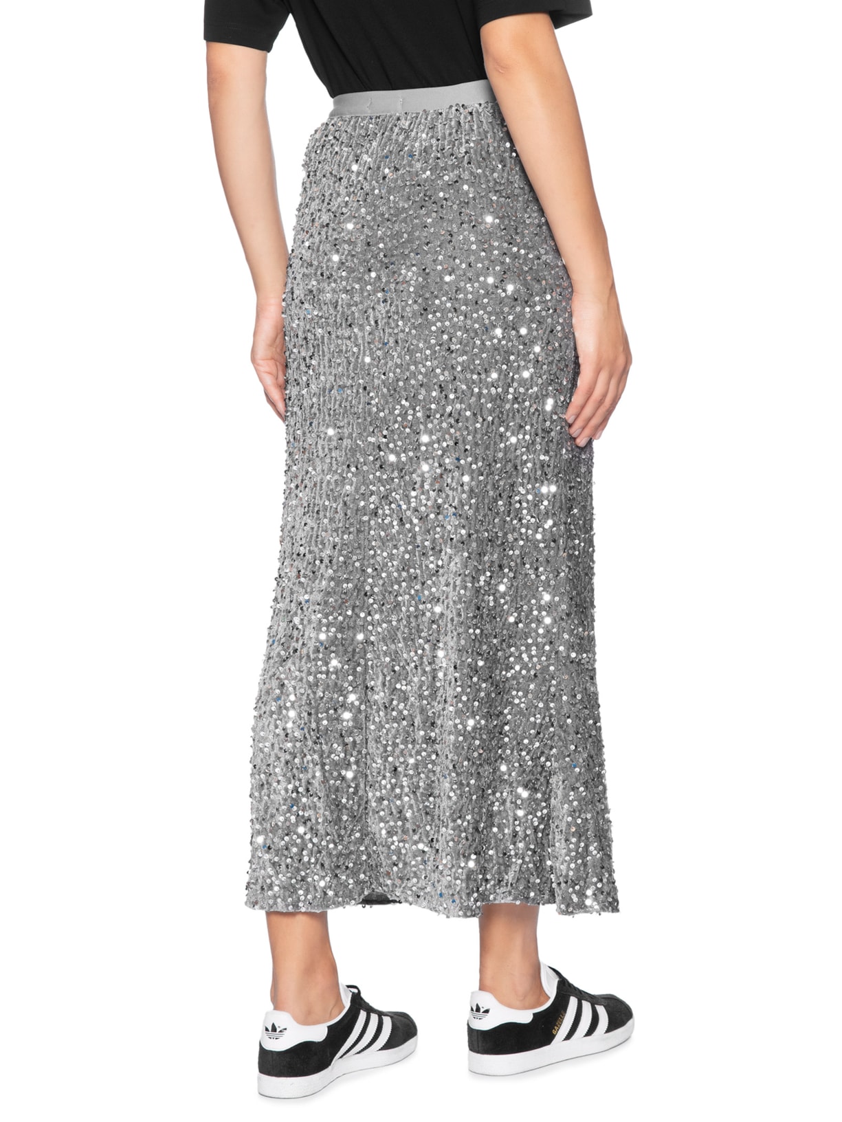 Saia Midi Em Veludo Com Paetê Prateado Market 33