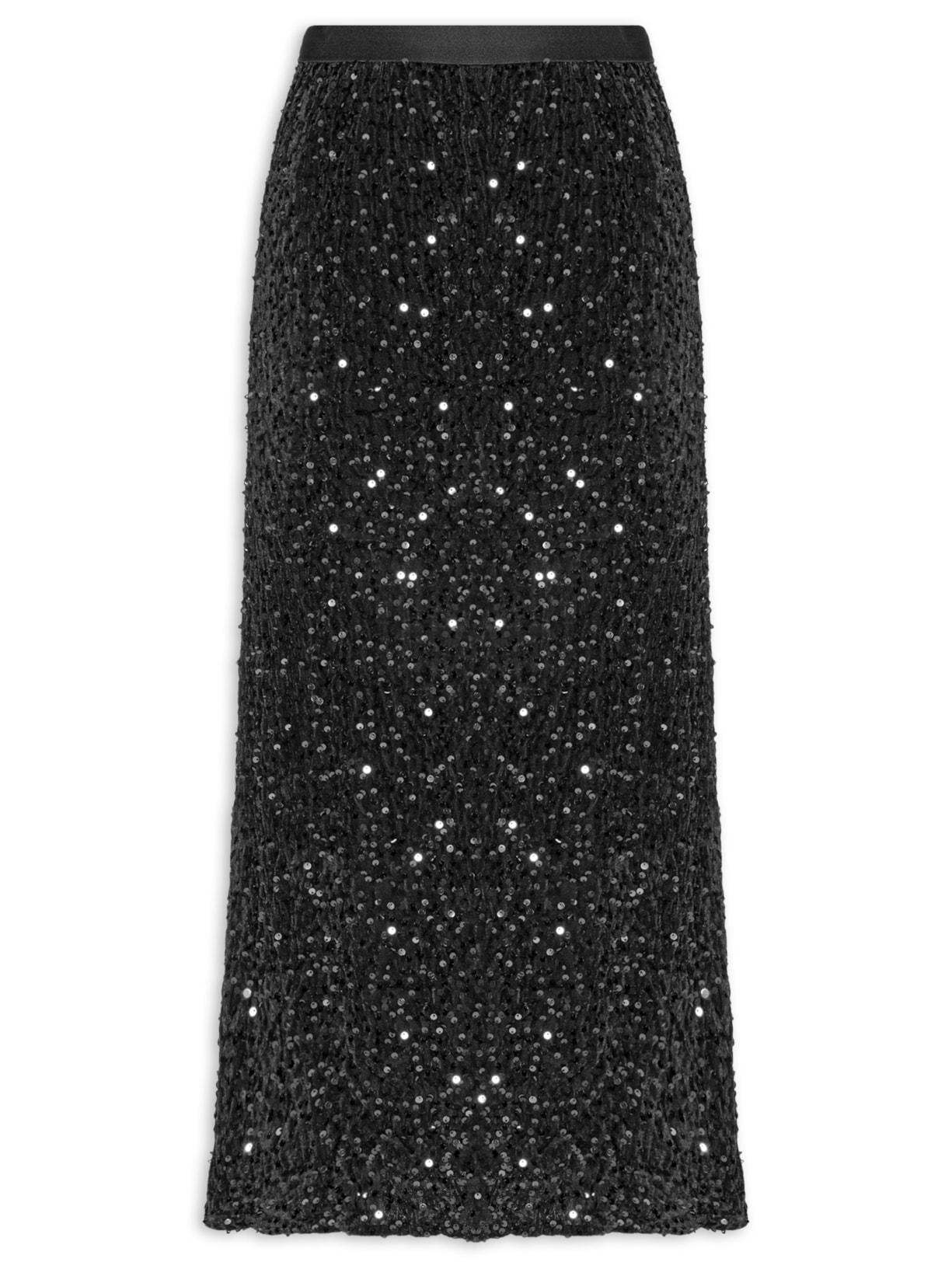 Saia Midi Em Veludo Com Paetê - Preto