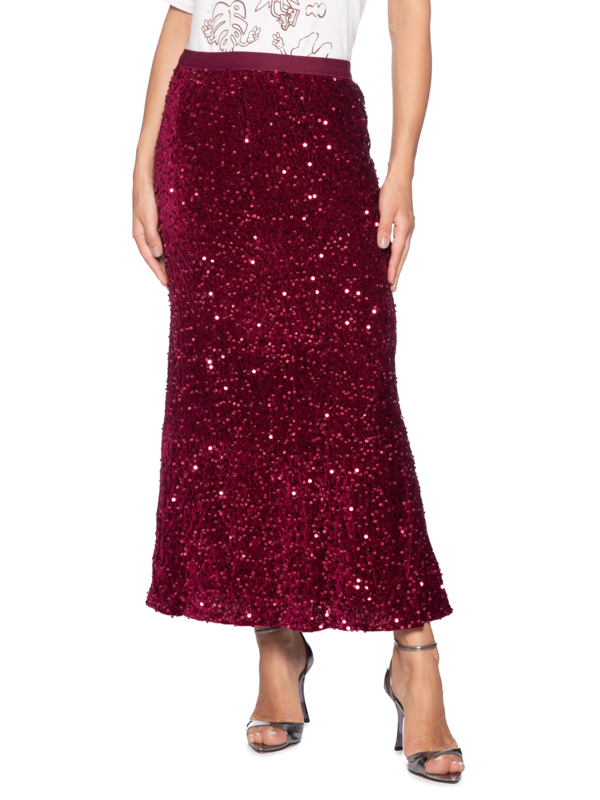 Saia Midi Em Veludo Com Paetê Vinho Market 33