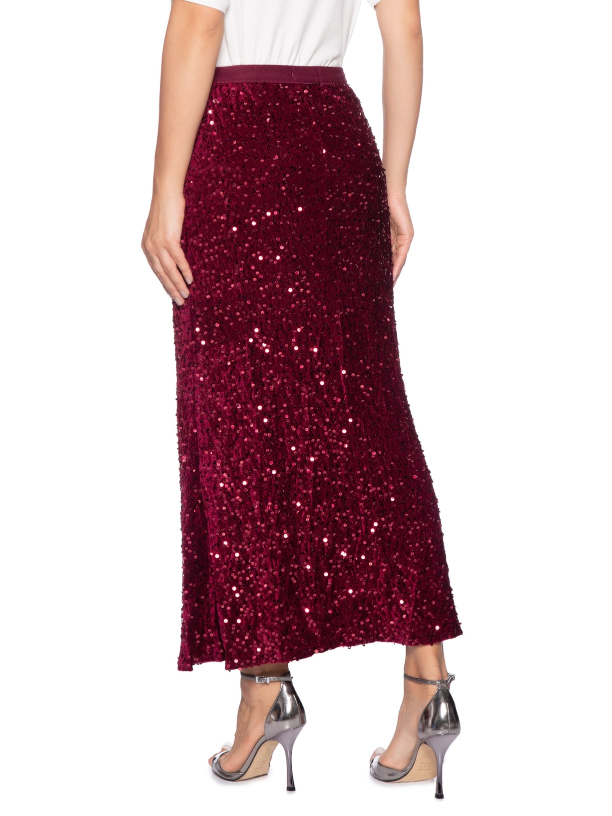 Saia Midi Em Veludo Com Paetê Vinho Market 33