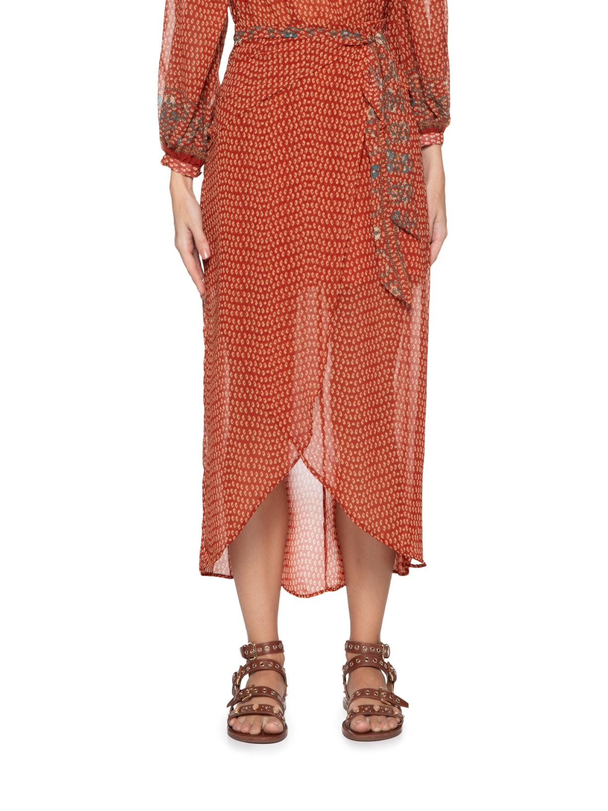 Saia Midi Estampa Folk Vermelho Maria Filó