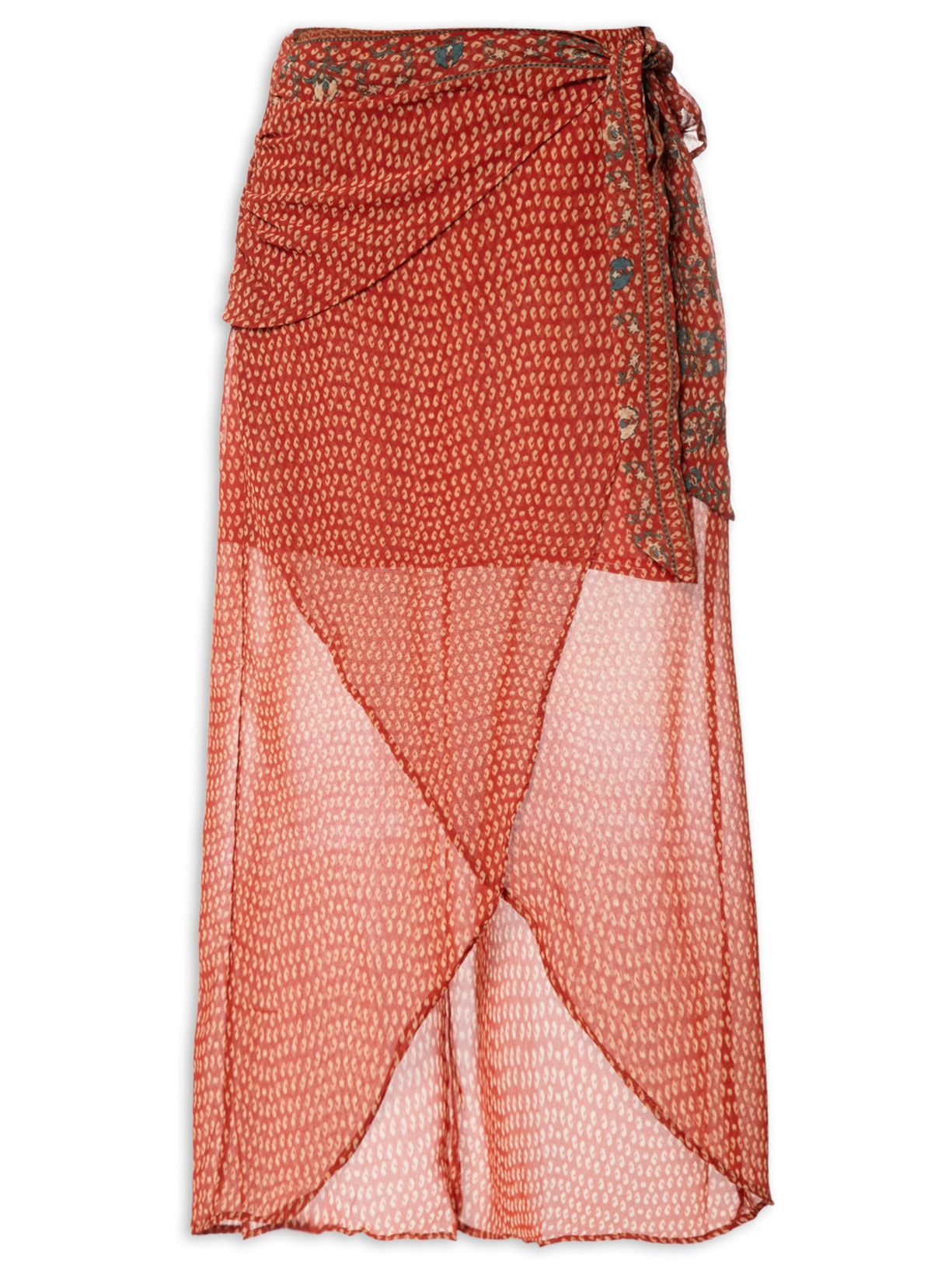 Saia Midi Estampa Folk Vermelho Maria Filó