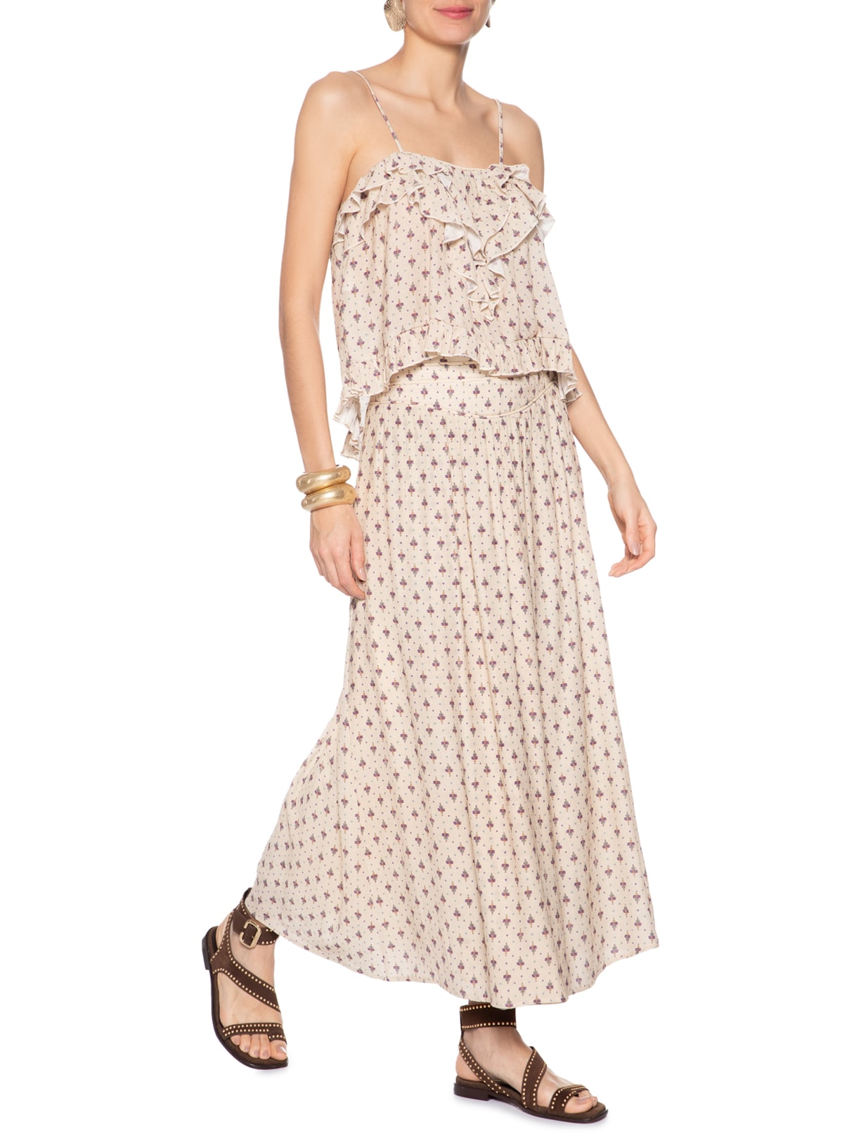 Saia Midi Estampa Paz Bege Maria Filó