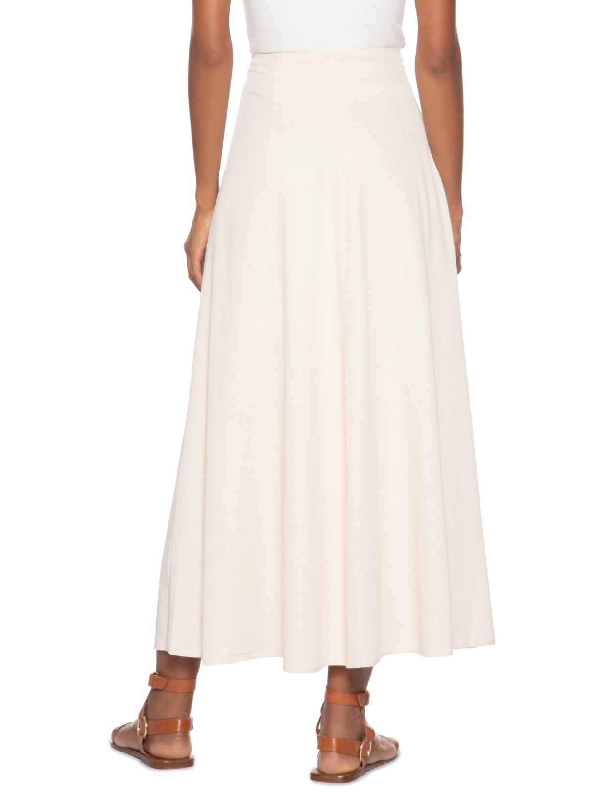 Saia Midi Evasê Com Linho Bege Basiq