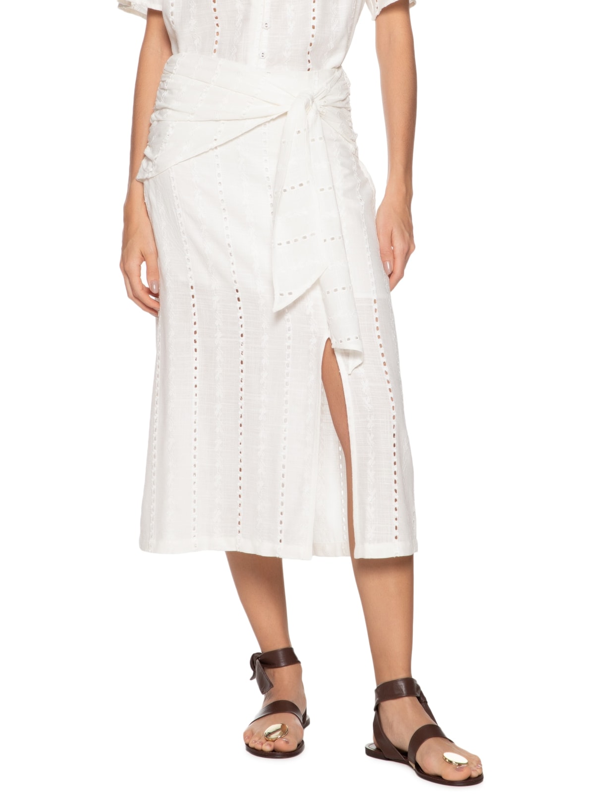 Saia Midi Faixa Bordado Listra Bali Branco Maria Filó