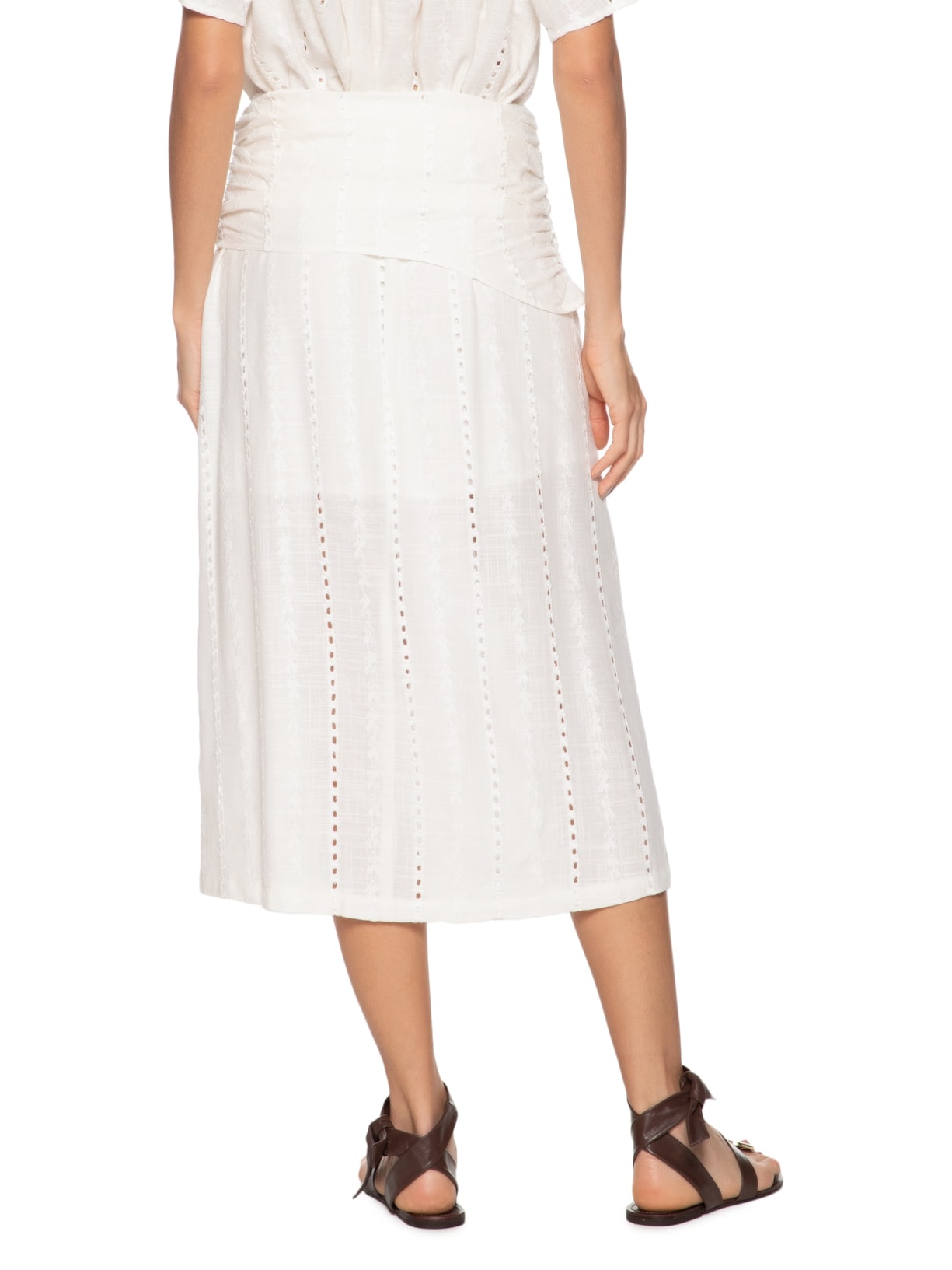 Saia Midi Faixa Bordado Listra Bali Branco Maria Filó