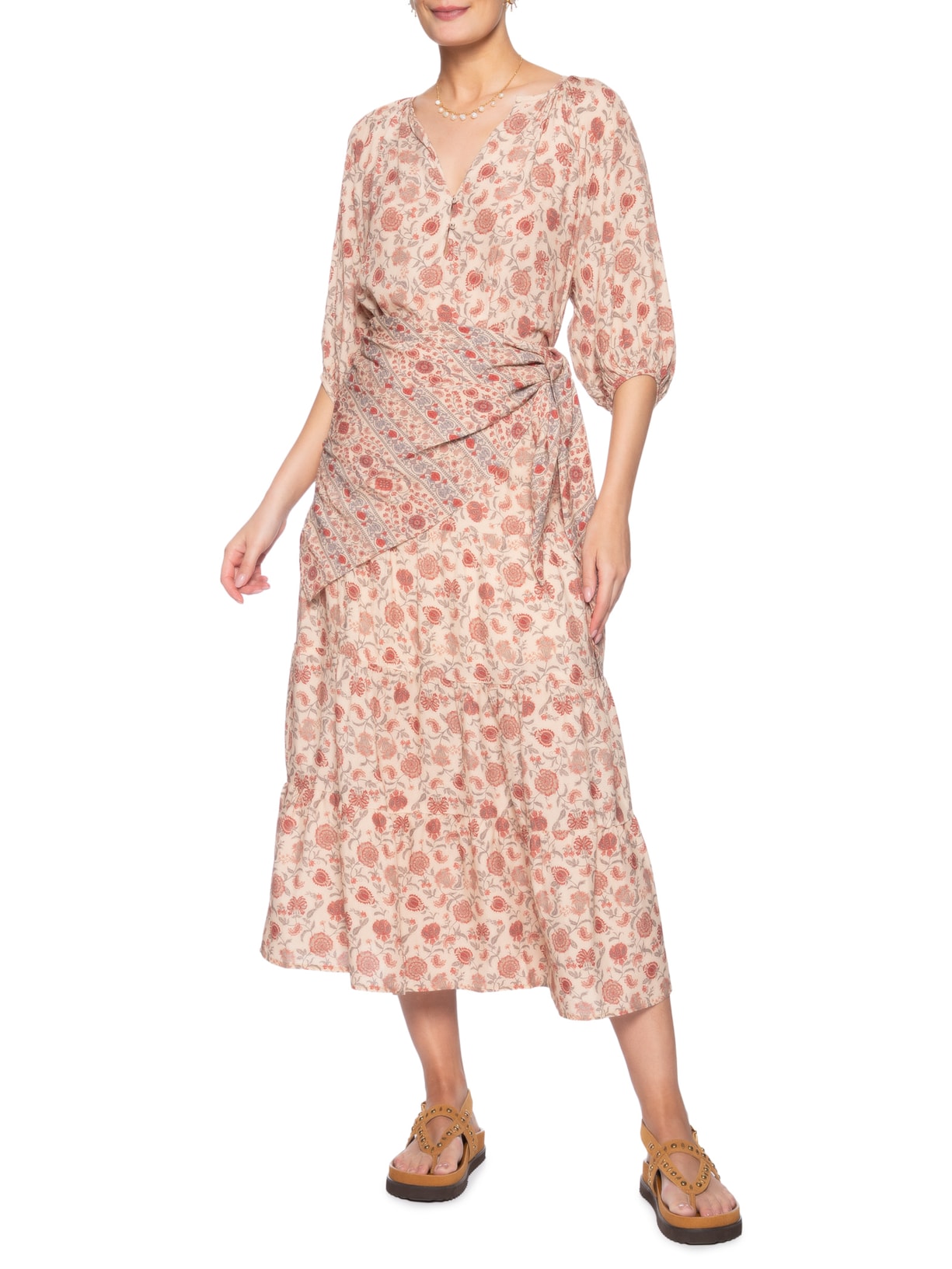 Saia Midi Faixa Estampa Agave Palha Rosa Maria Filó