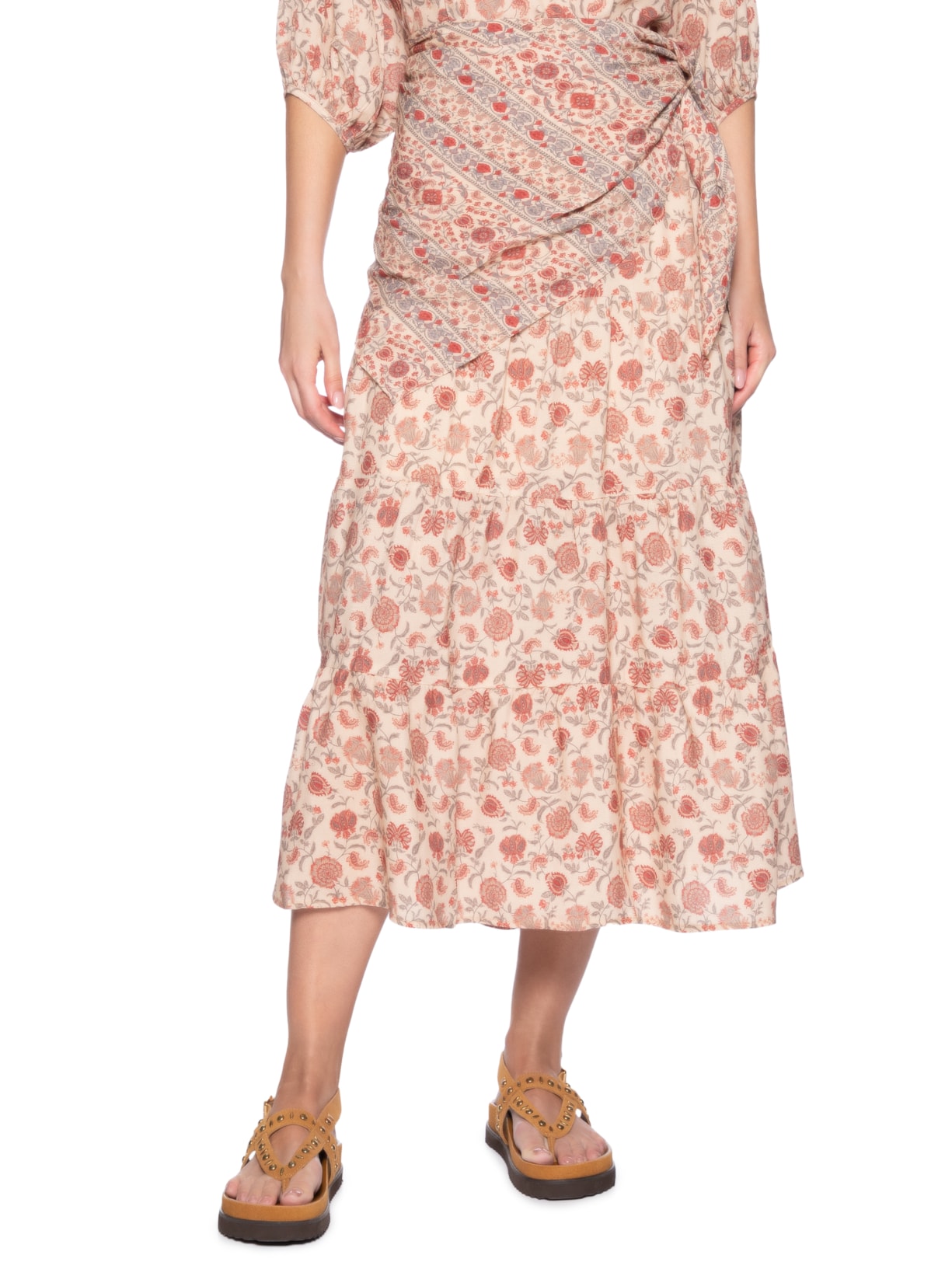 Saia Midi Faixa Estampa Agave Palha Rosa Maria Filó