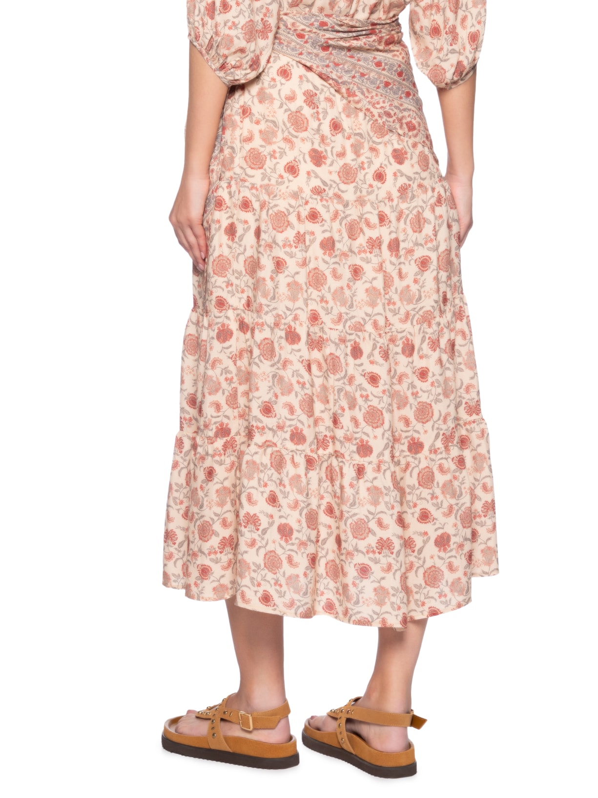 Saia Midi Faixa Estampa Agave Palha Rosa Maria Filó