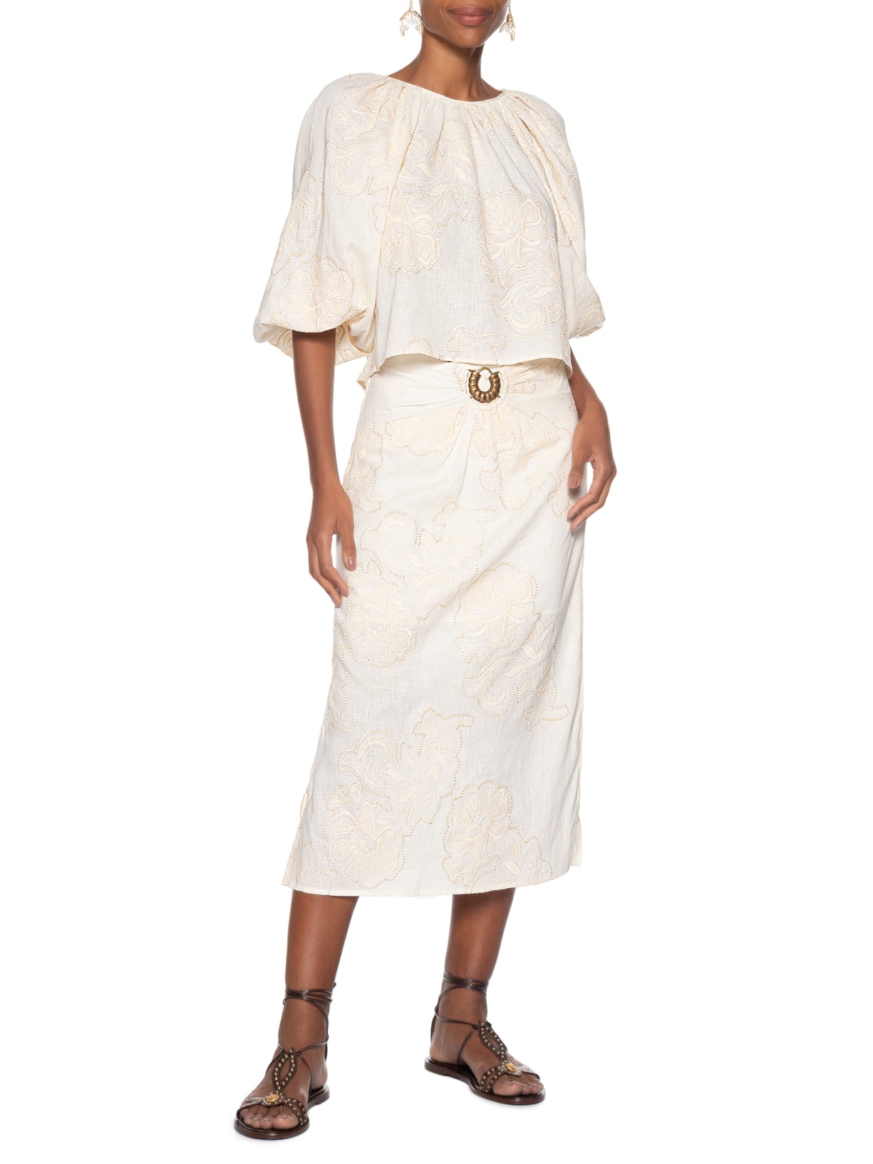 Saia Midi Fivela Bordado Magnolia Off White Maria Filó