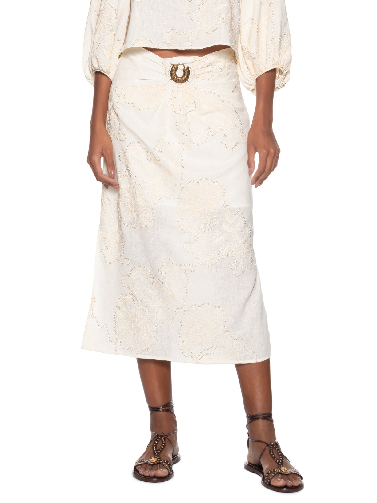 Saia Midi Fivela Bordado Magnolia Off White Maria Filó